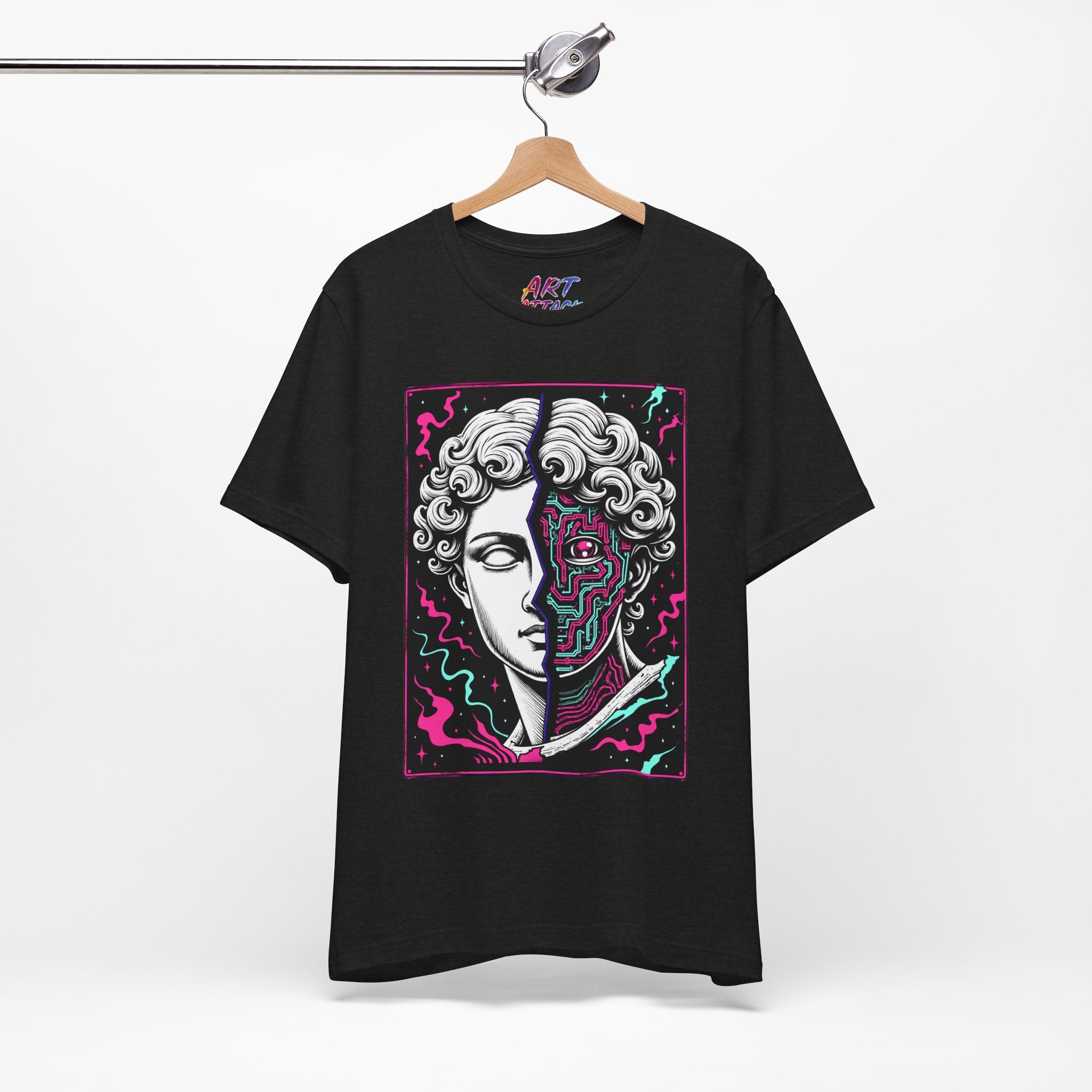 Split portrait design of a white Greek marble statue and a neon pink and cyan cybernetic circuit board with a glowing eye.