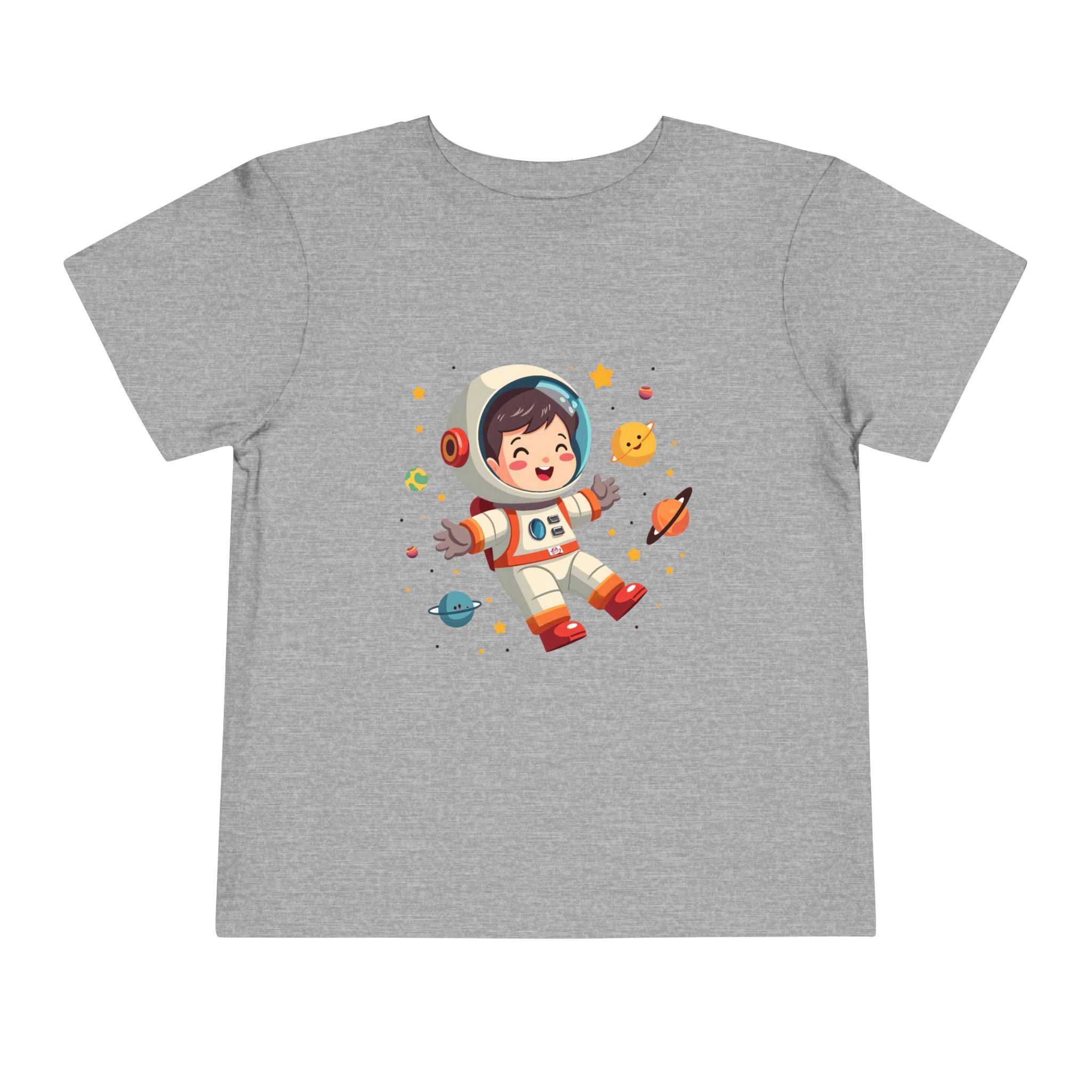 A cute kawaii toddler astronaut floating happily in space among colorful smiling planets and stars, vibrant illustration for kids apparel.