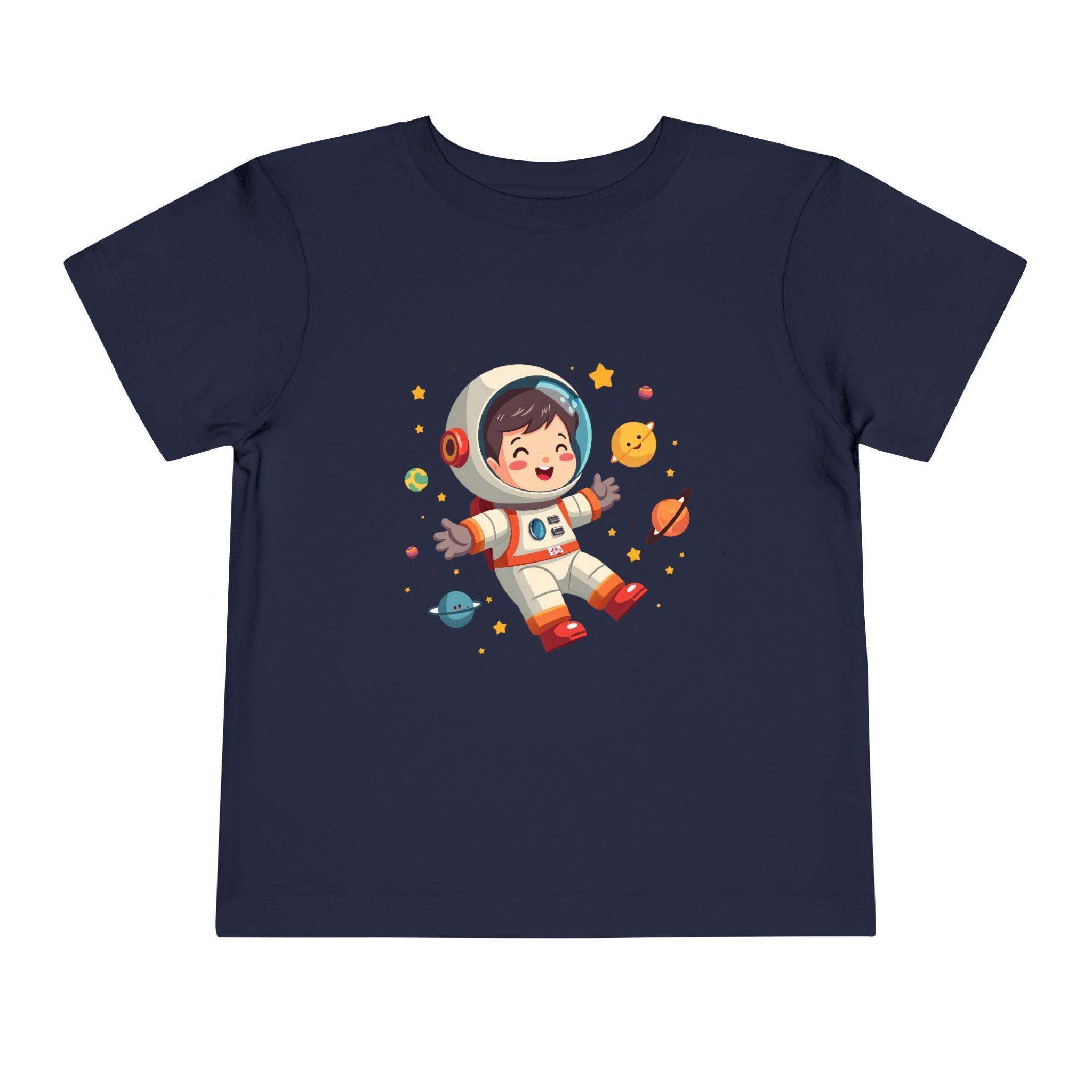 A cute kawaii toddler astronaut floating happily in space among colorful smiling planets and stars, vibrant illustration for kids apparel.