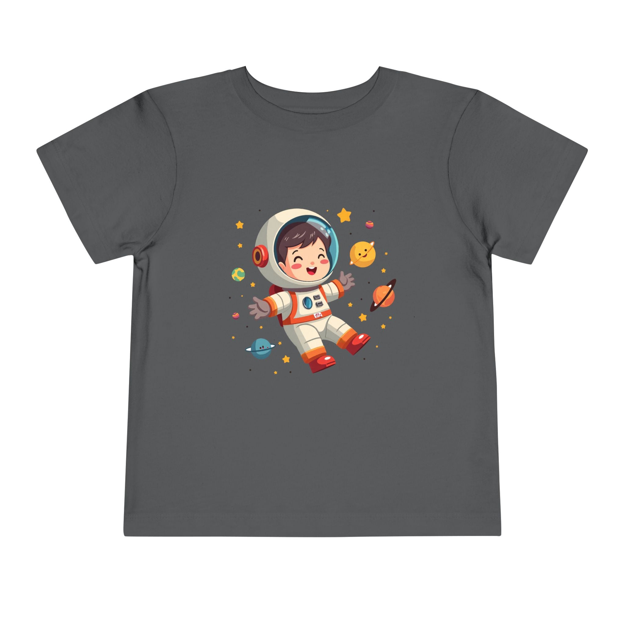 A cute kawaii toddler astronaut floating happily in space among colorful smiling planets and stars, vibrant illustration for kids apparel.