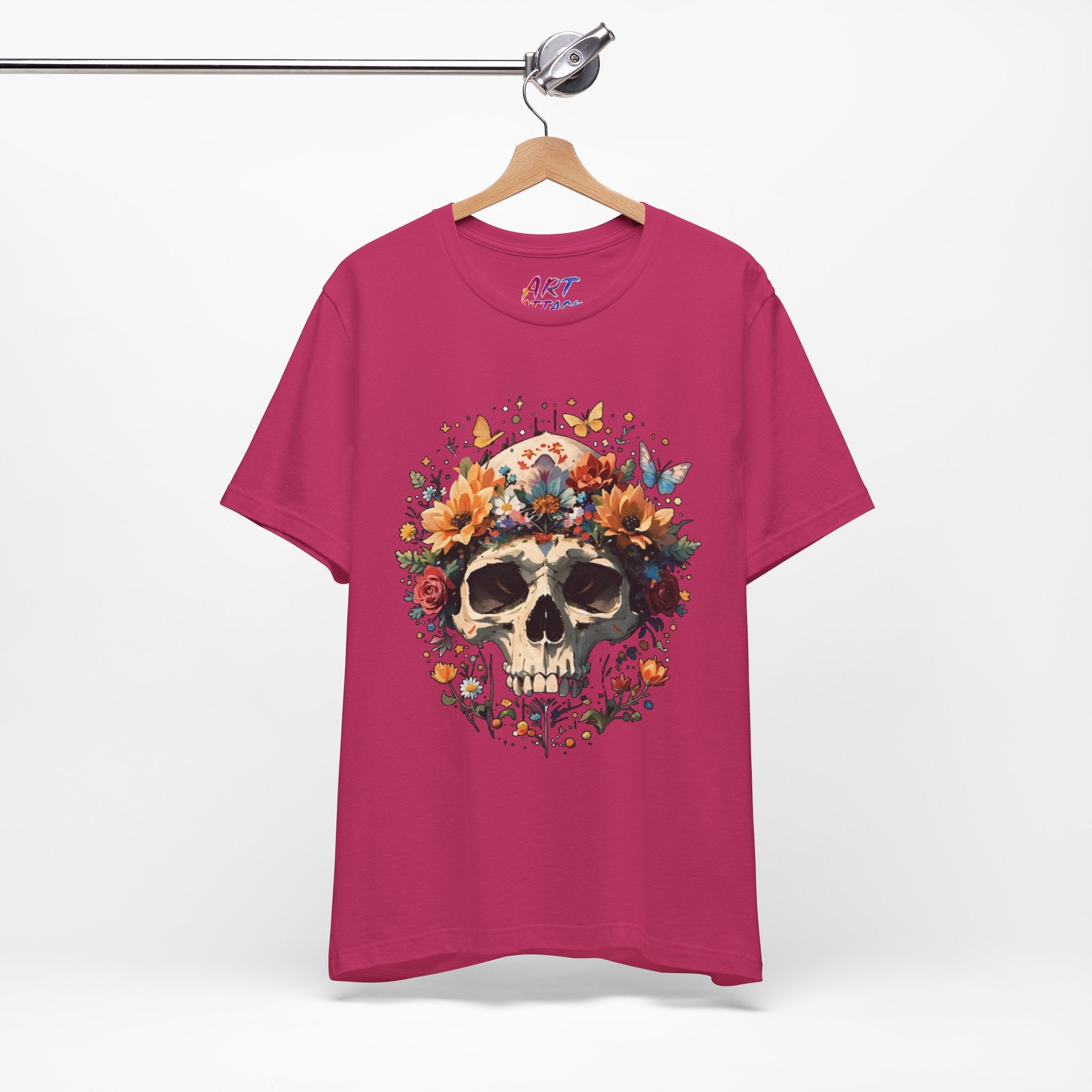 Detailed illustration of a human skull with a crown of vibrant sunflowers, roses, and butterflies on a dark background.