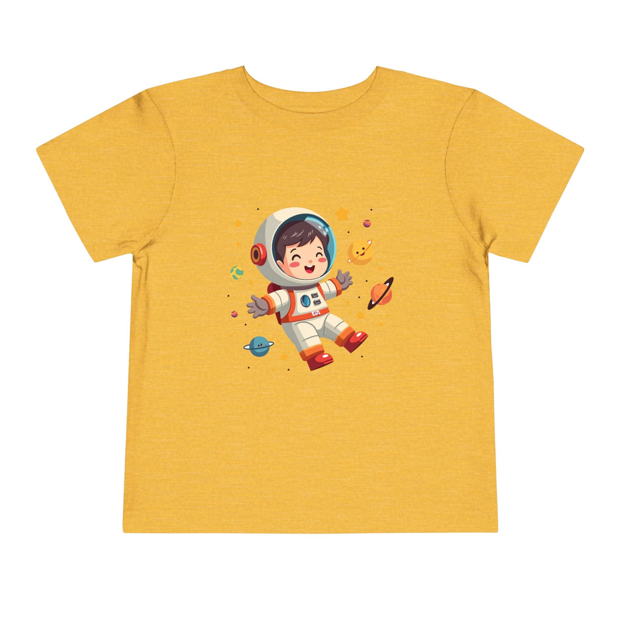 A cute kawaii toddler astronaut floating happily in space among colorful smiling planets and stars, vibrant illustration for kids apparel.