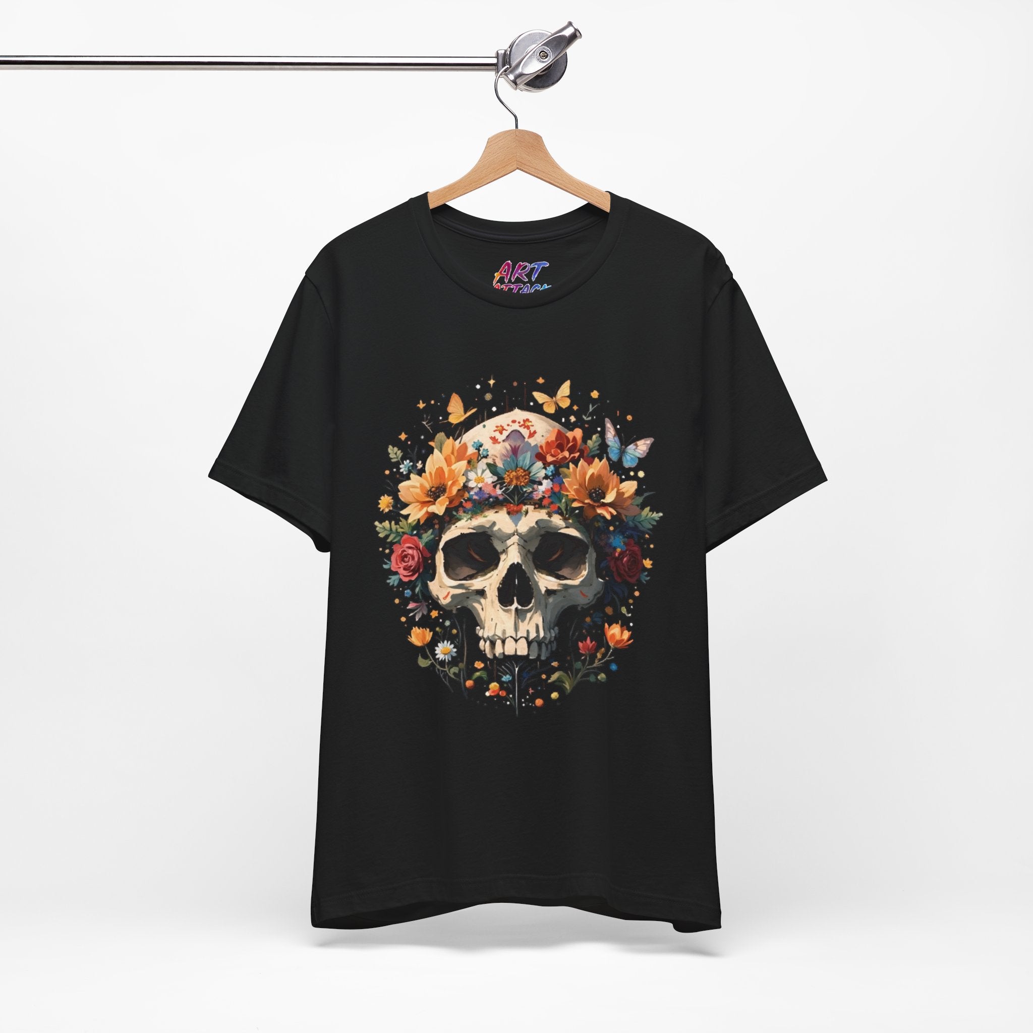 Detailed illustration of a human skull with a crown of vibrant sunflowers, roses, and butterflies on a dark background.