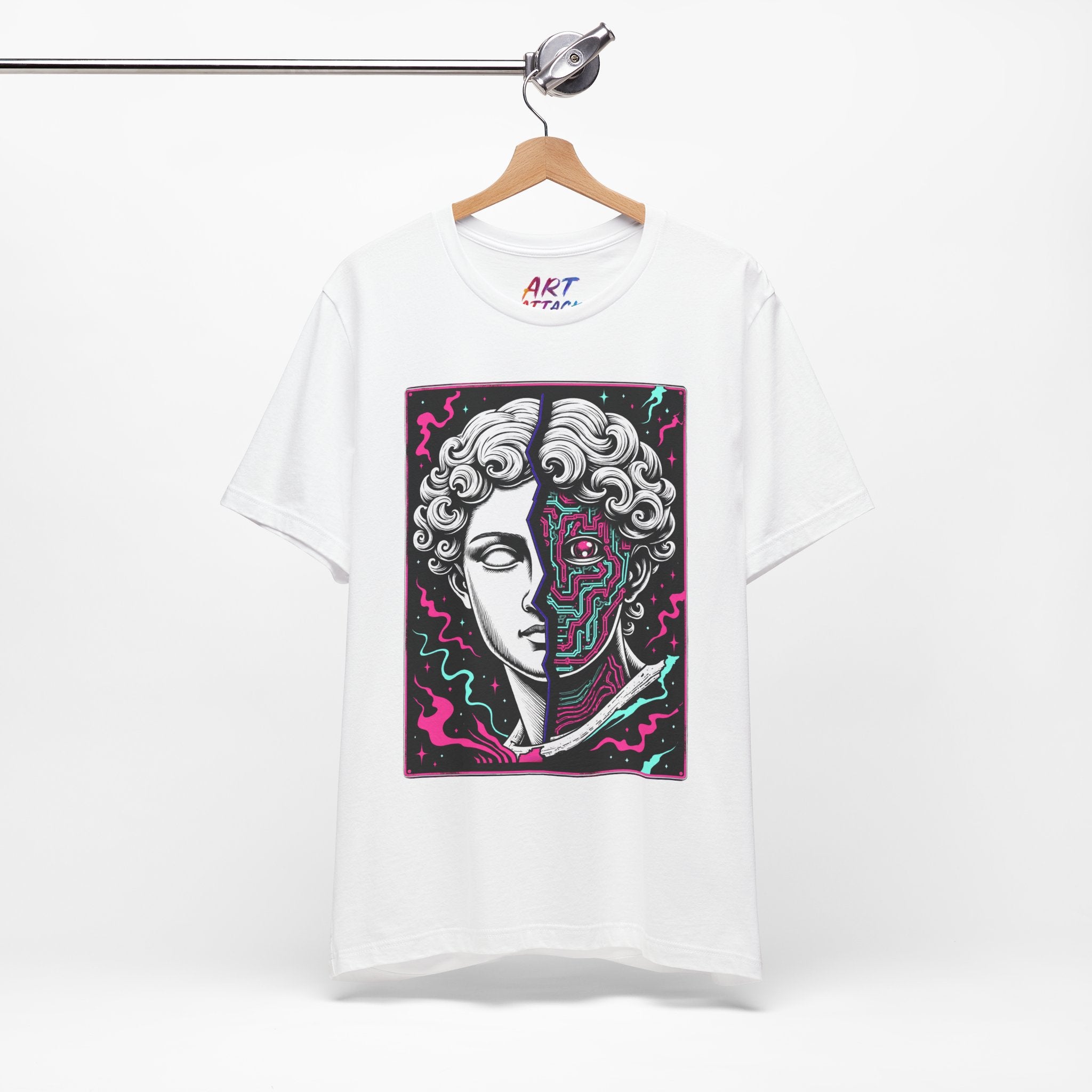 Split portrait design of a white Greek marble statue and a neon pink and cyan cybernetic circuit board with a glowing eye.