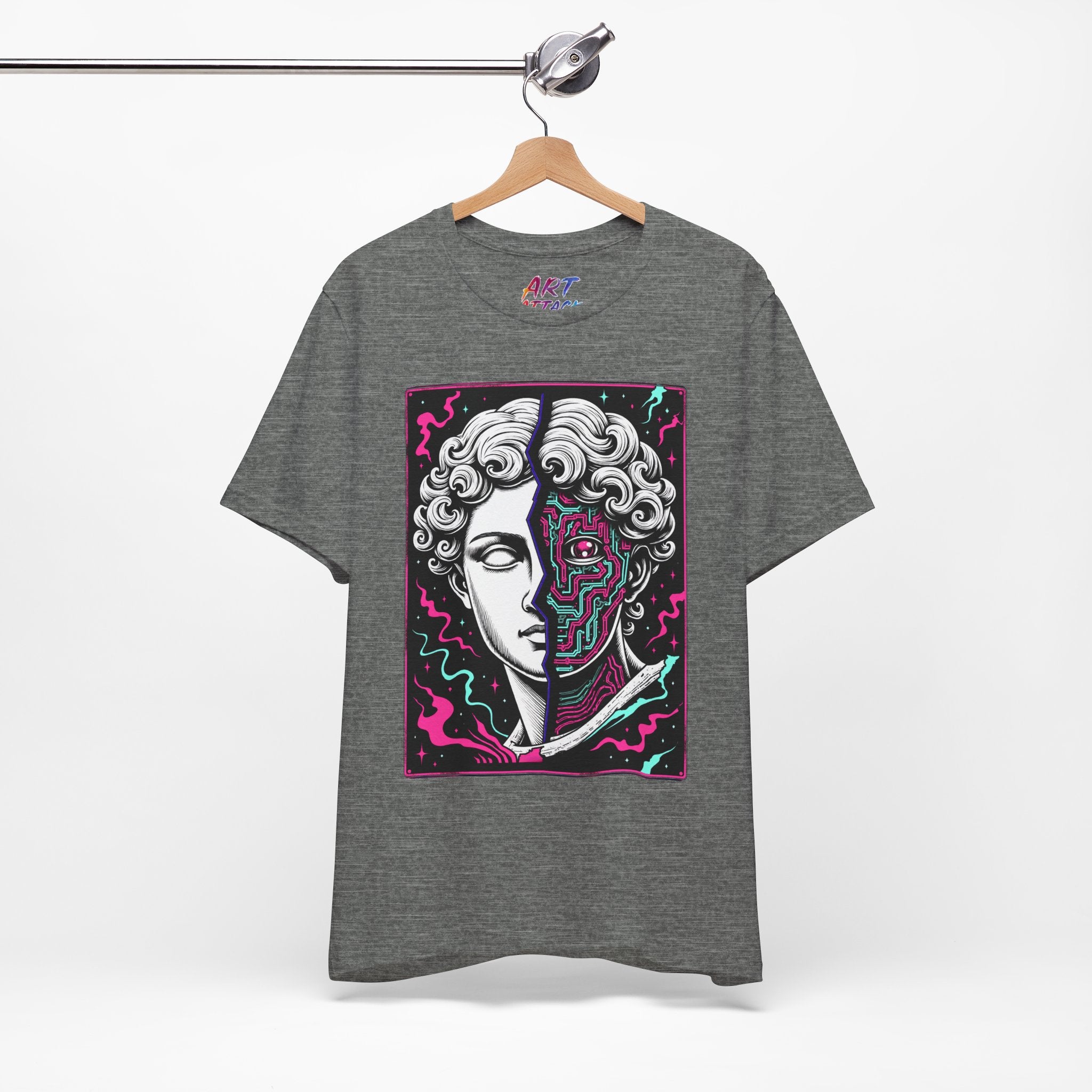 Split portrait design of a white Greek marble statue and a neon pink and cyan cybernetic circuit board with a glowing eye.