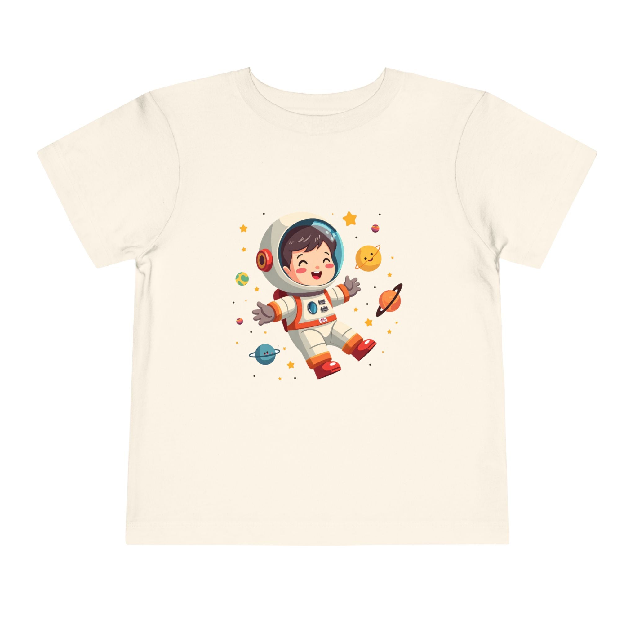 A cute kawaii toddler astronaut floating happily in space among colorful smiling planets and stars, vibrant illustration for kids apparel.