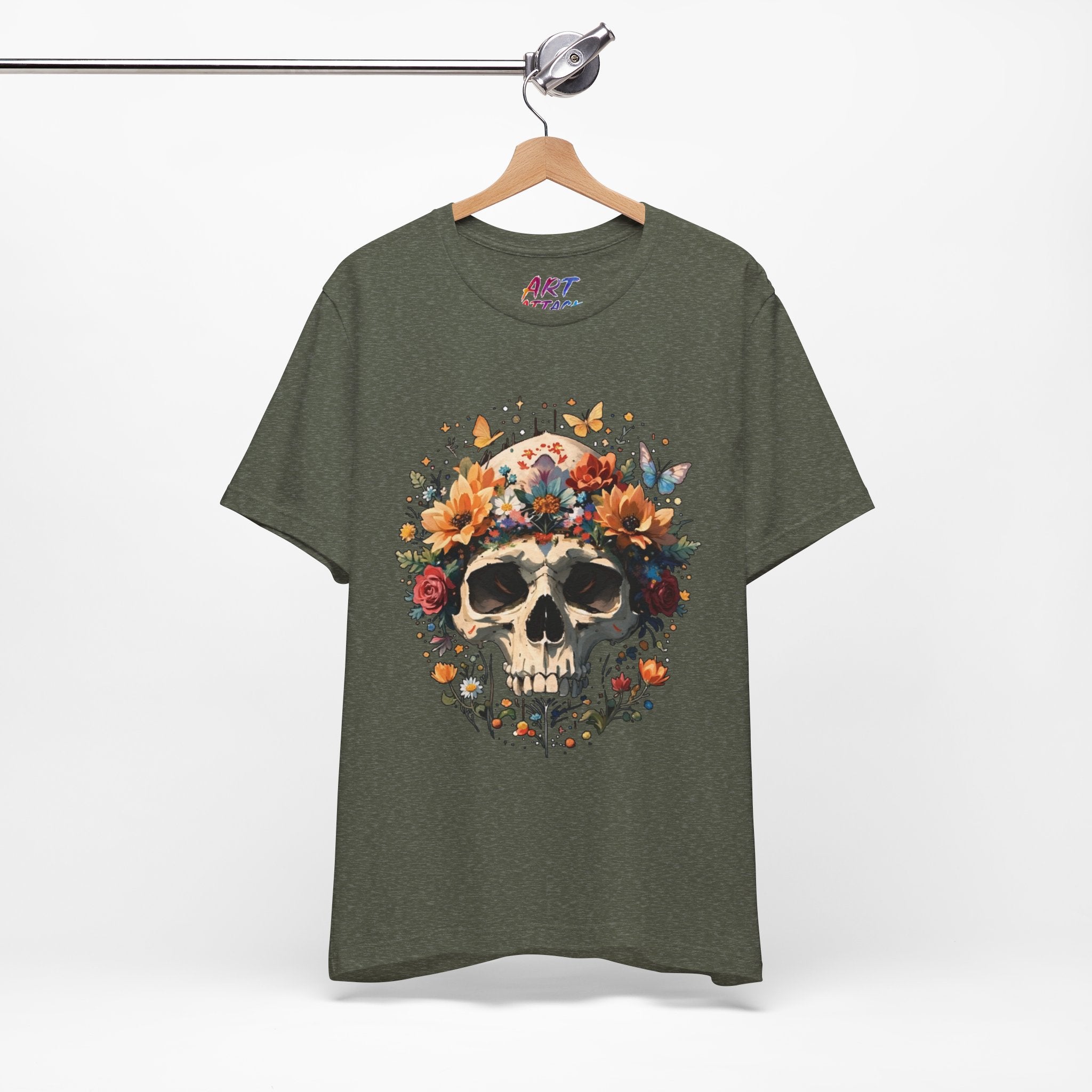 Detailed illustration of a human skull with a crown of vibrant sunflowers, roses, and butterflies on a dark background.