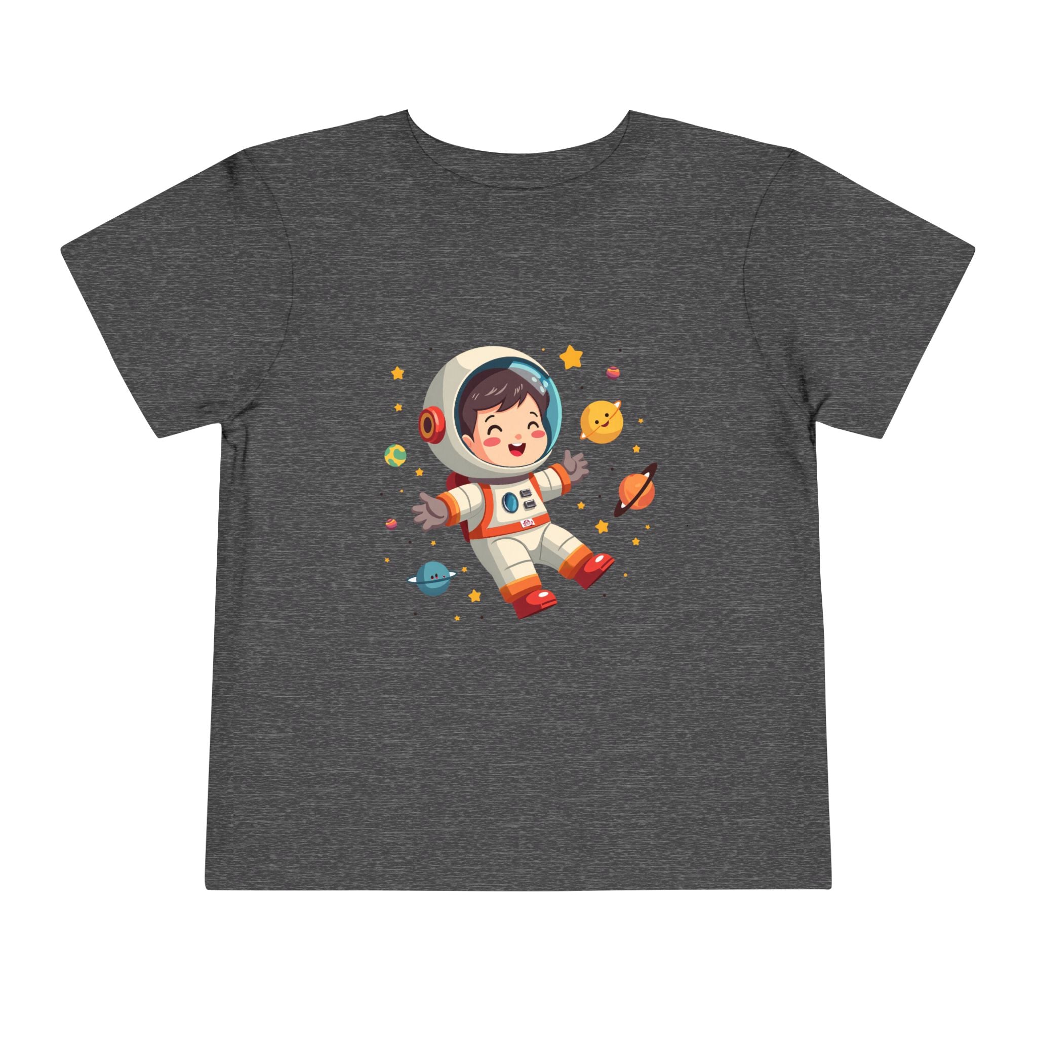 A cute kawaii toddler astronaut floating happily in space among colorful smiling planets and stars, vibrant illustration for kids apparel.