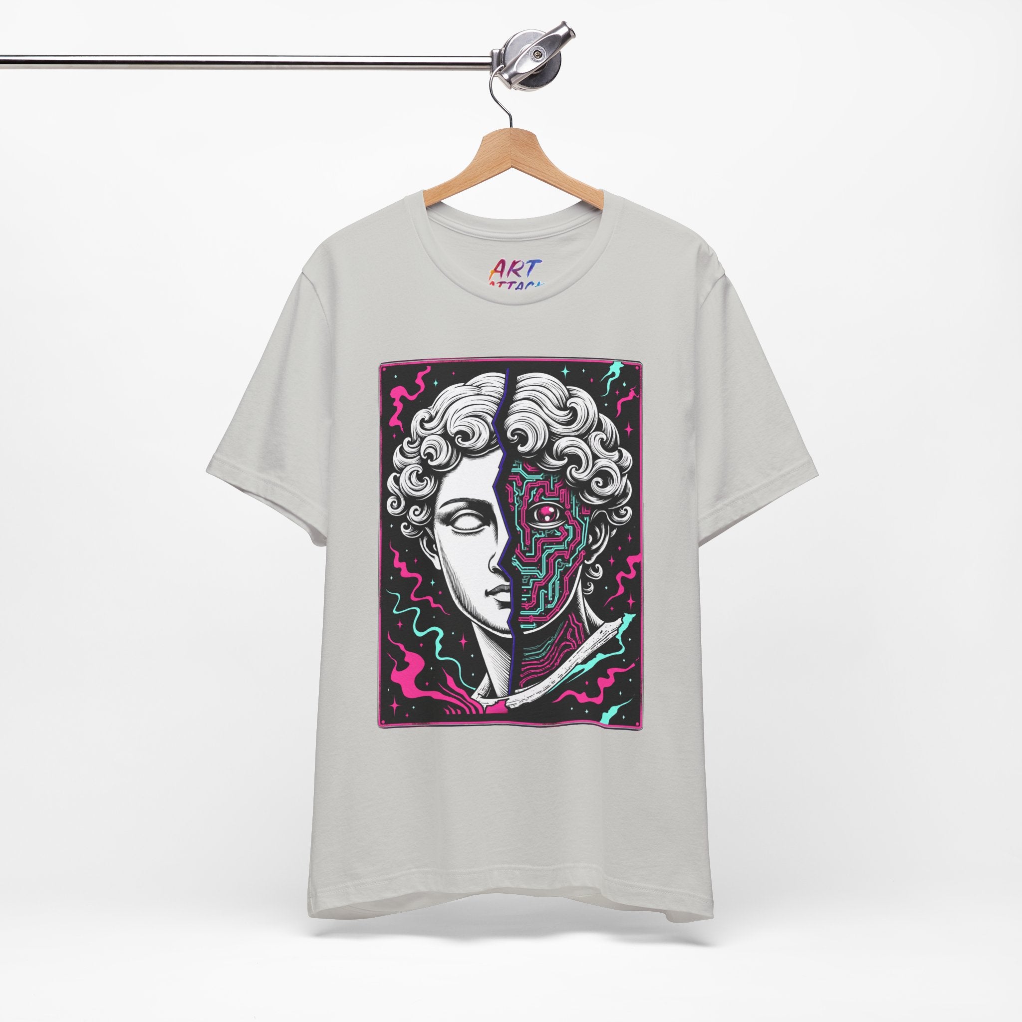 Split portrait design of a white Greek marble statue and a neon pink and cyan cybernetic circuit board with a glowing eye.