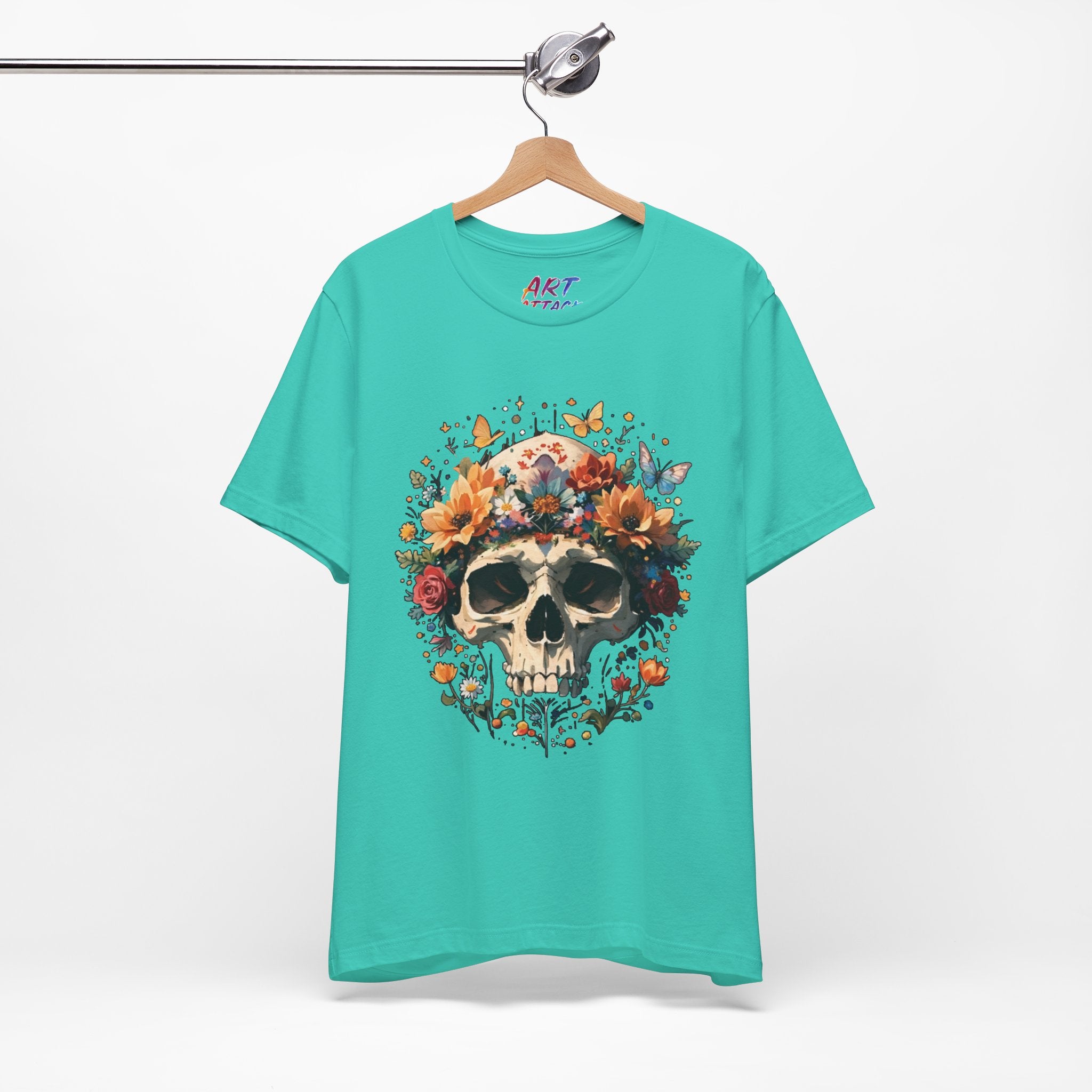 Detailed illustration of a human skull with a crown of vibrant sunflowers, roses, and butterflies on a dark background.