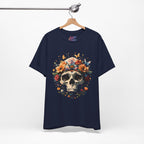 Detailed illustration of a human skull with a crown of vibrant sunflowers, roses, and butterflies on a dark background.