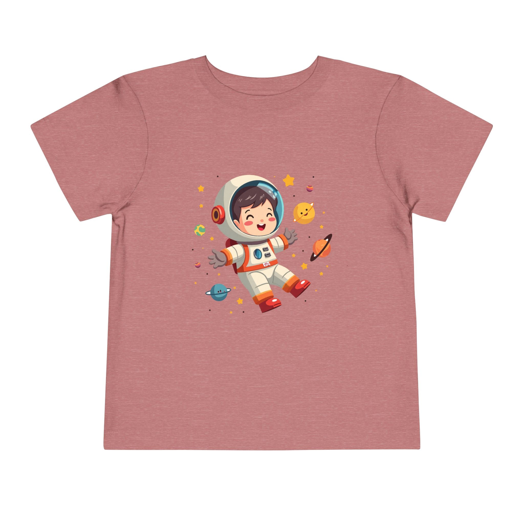 A cute kawaii toddler astronaut floating happily in space among colorful smiling planets and stars, vibrant illustration for kids apparel.