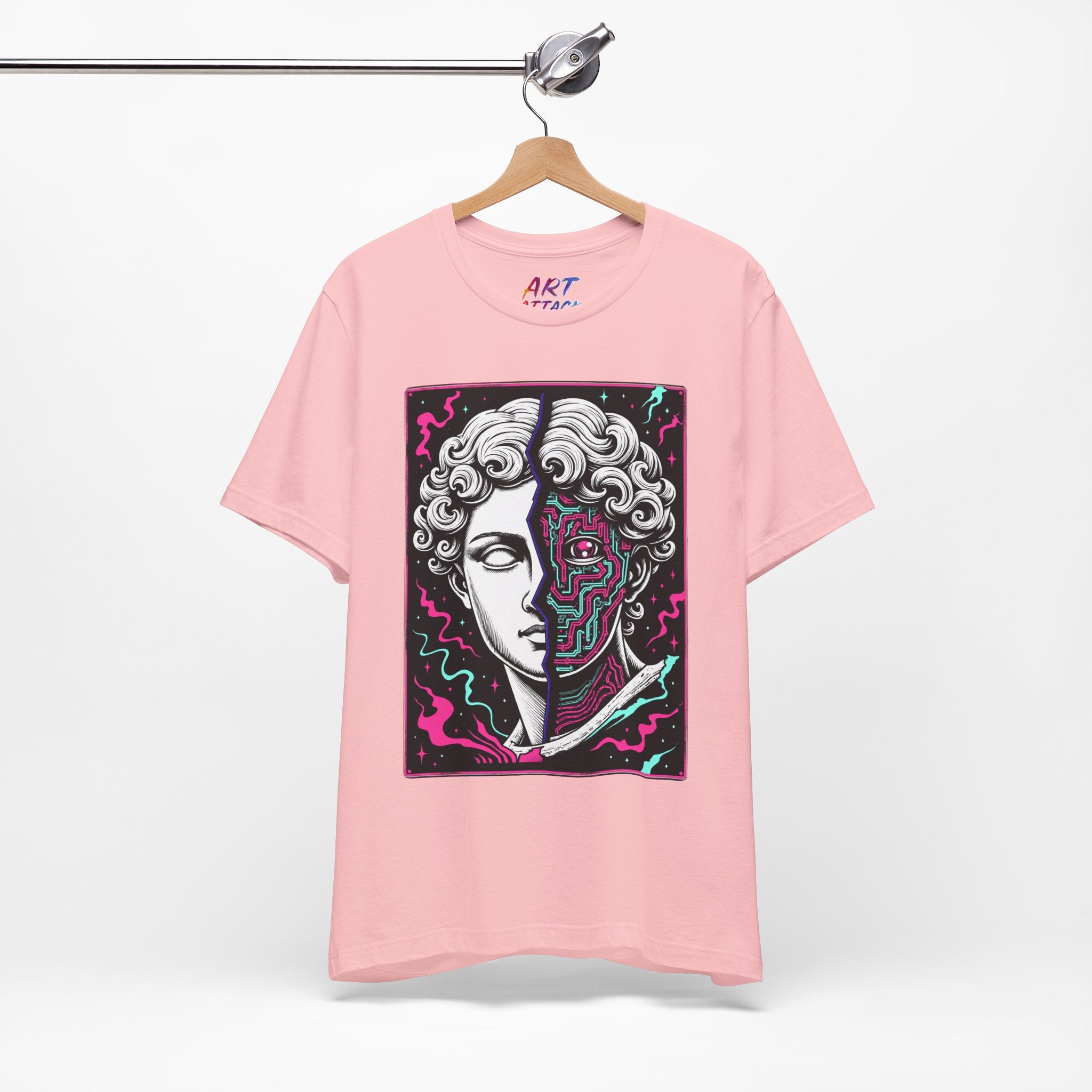 Split portrait design of a white Greek marble statue and a neon pink and cyan cybernetic circuit board with a glowing eye.