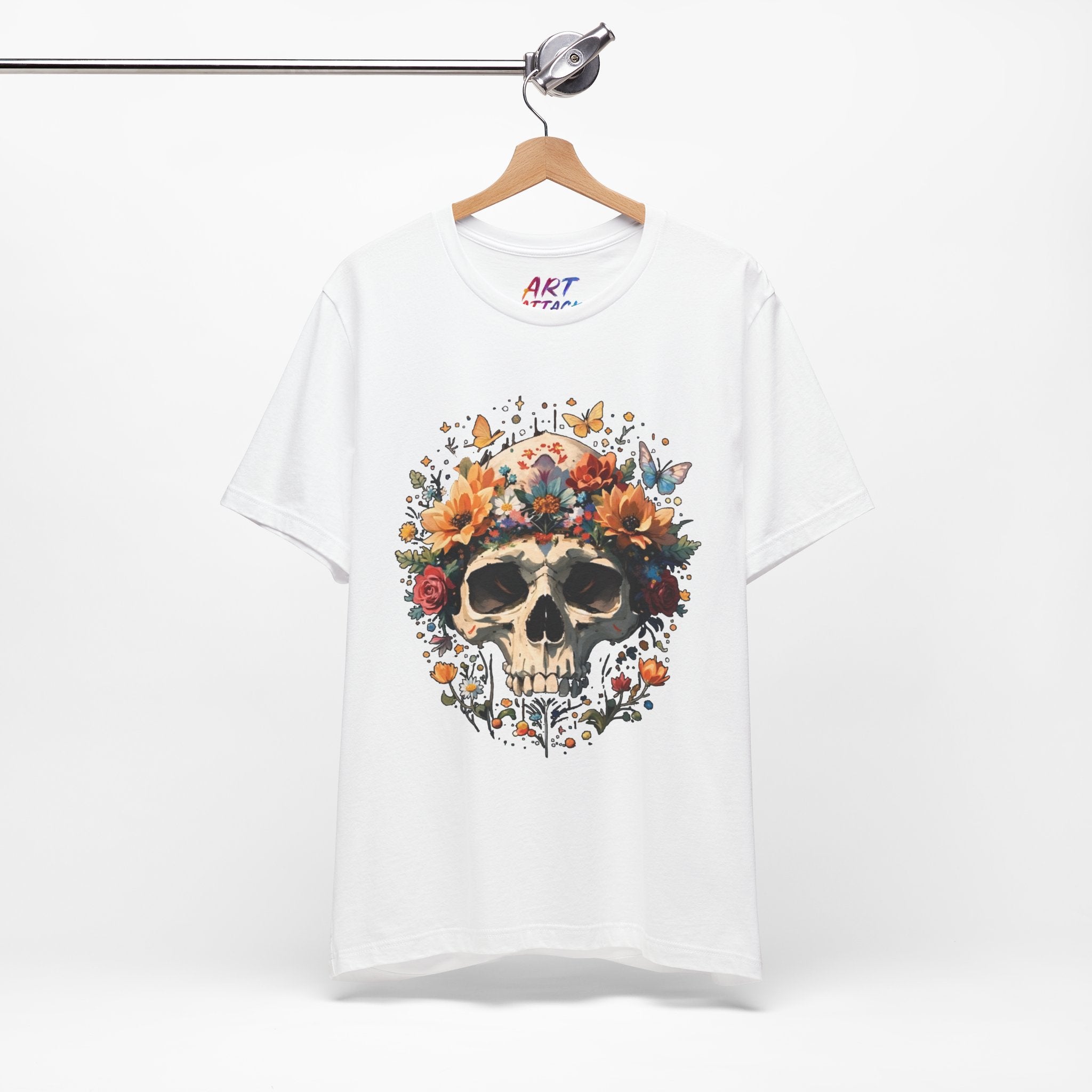 Detailed illustration of a human skull with a crown of vibrant sunflowers, roses, and butterflies on a dark background.