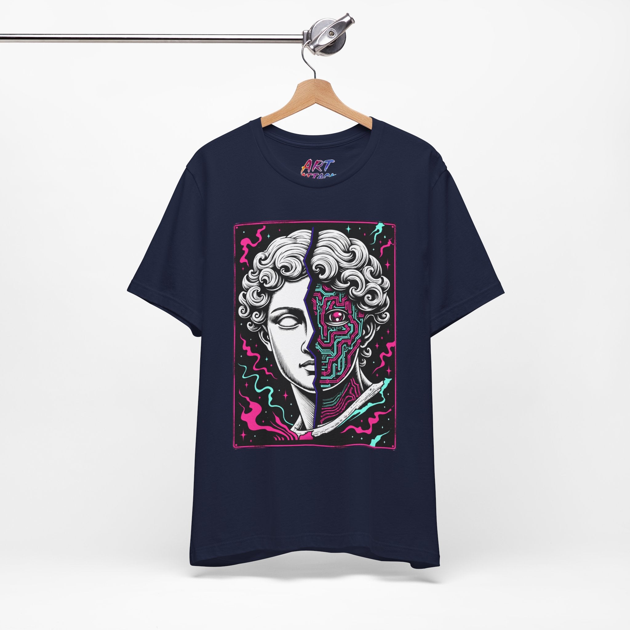 Split portrait design of a white Greek marble statue and a neon pink and cyan cybernetic circuit board with a glowing eye.