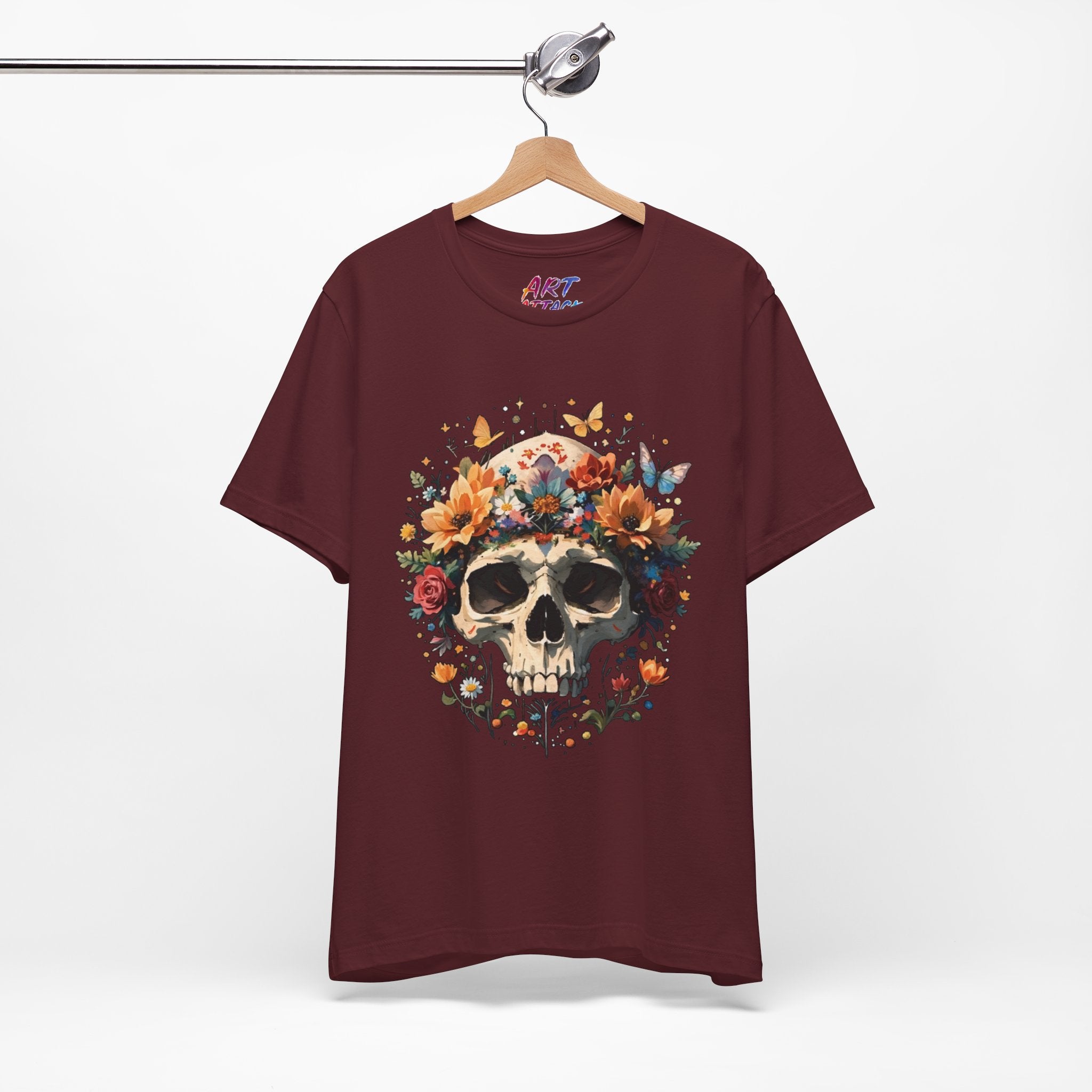 Detailed illustration of a human skull with a crown of vibrant sunflowers, roses, and butterflies on a dark background.