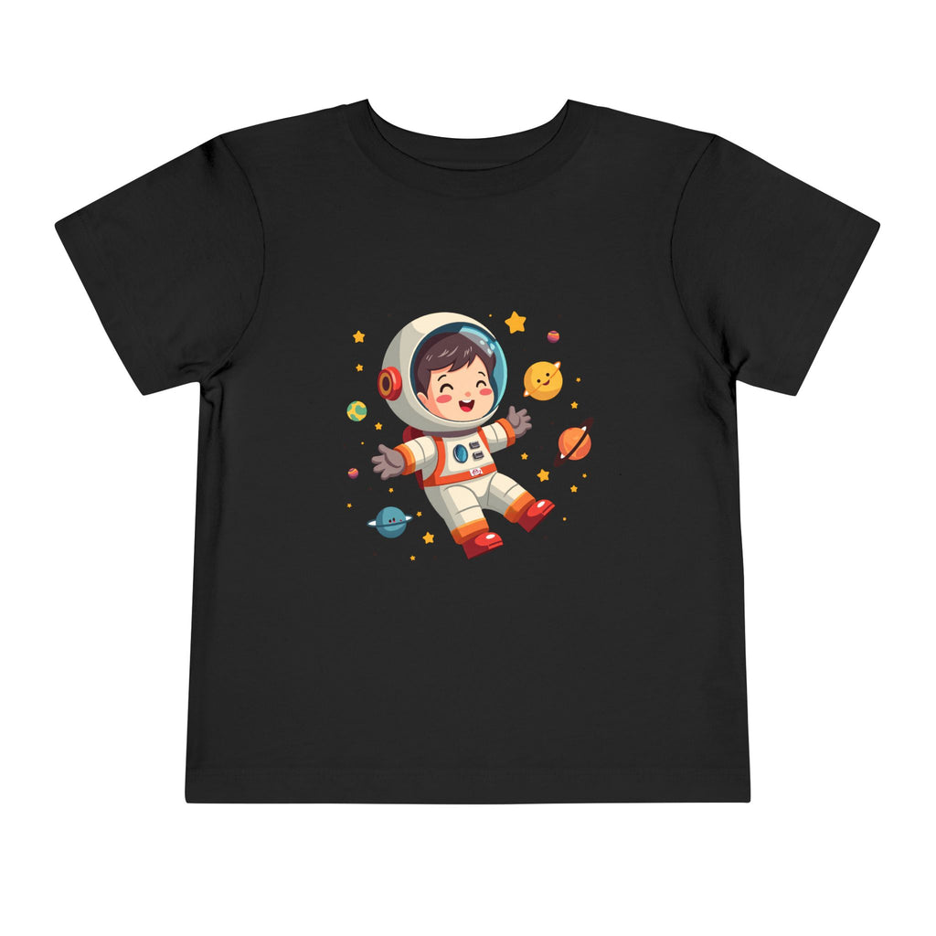 A cute kawaii toddler astronaut floating happily in space among colorful smiling planets and stars, vibrant illustration for kids apparel.