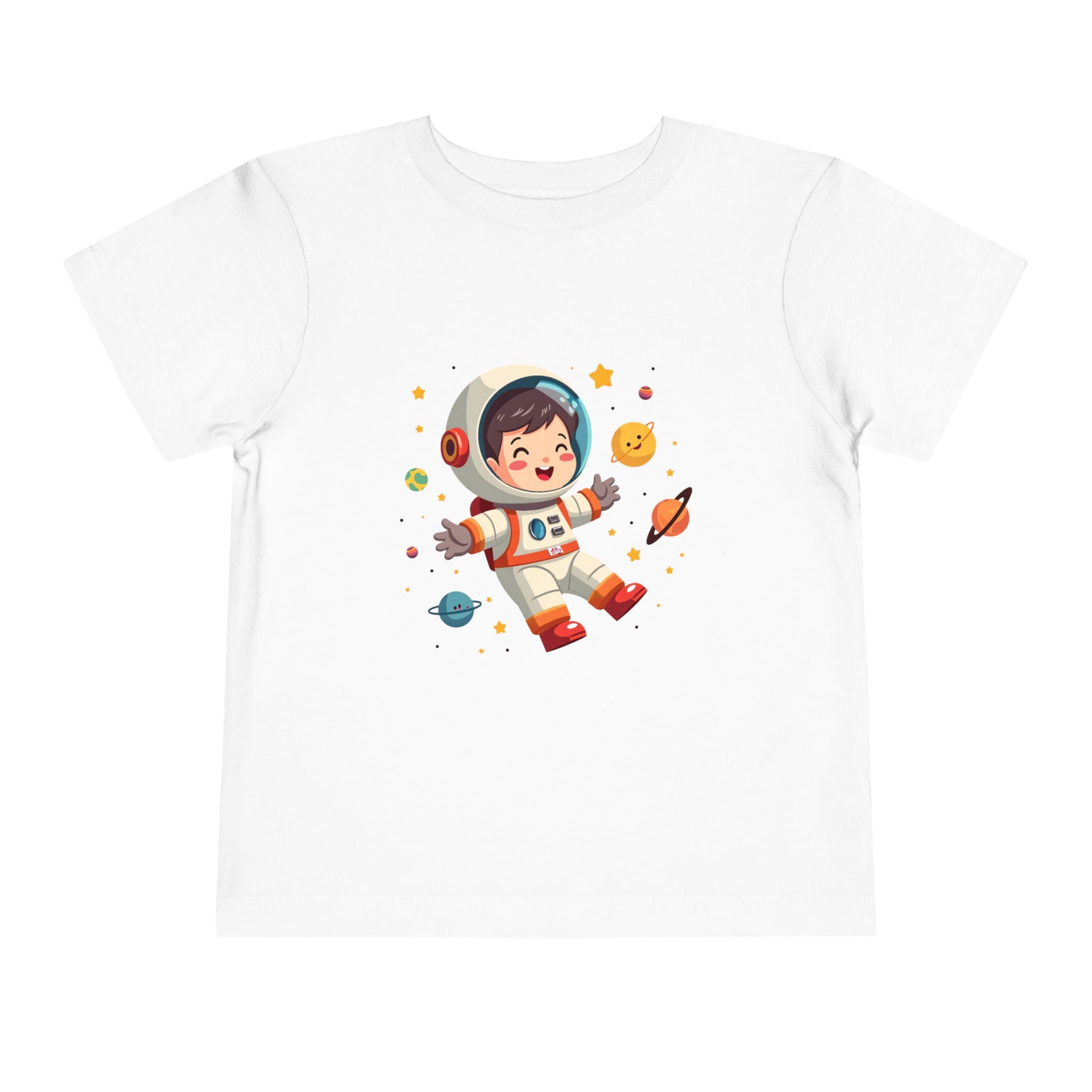 A cute kawaii toddler astronaut floating happily in space among colorful smiling planets and stars, vibrant illustration for kids apparel.