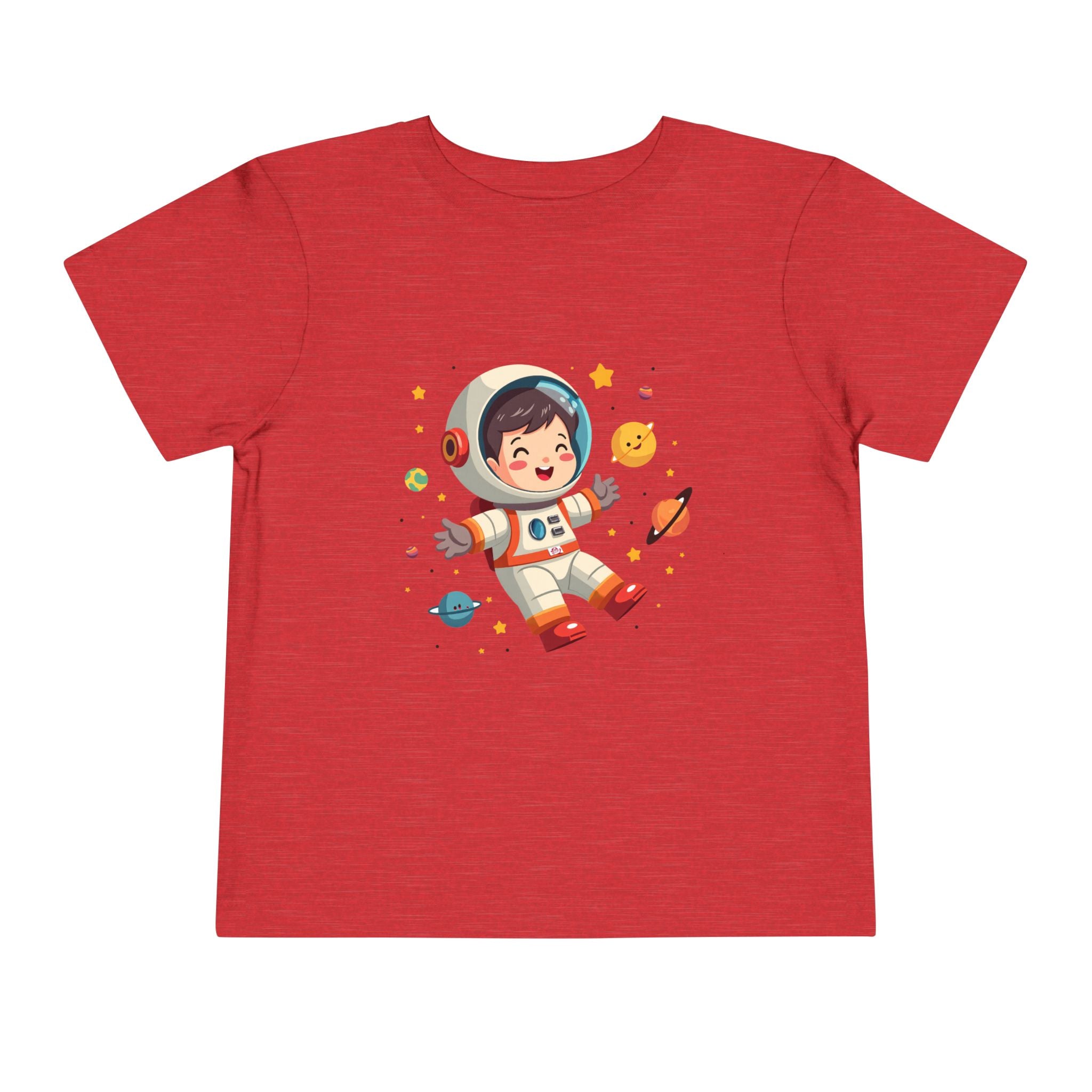 A cute kawaii toddler astronaut floating happily in space among colorful smiling planets and stars, vibrant illustration for kids apparel.