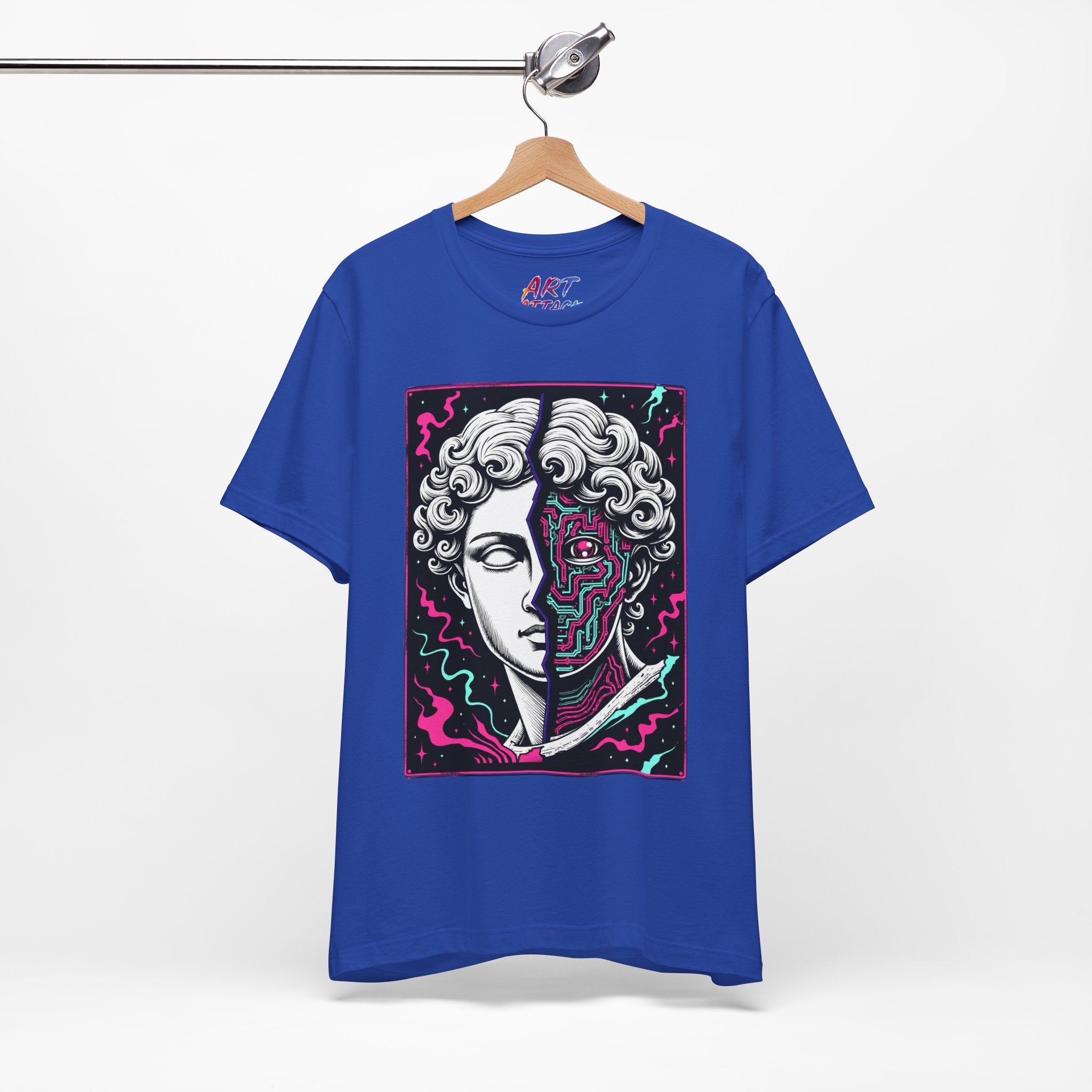 Split portrait design of a white Greek marble statue and a neon pink and cyan cybernetic circuit board with a glowing eye.