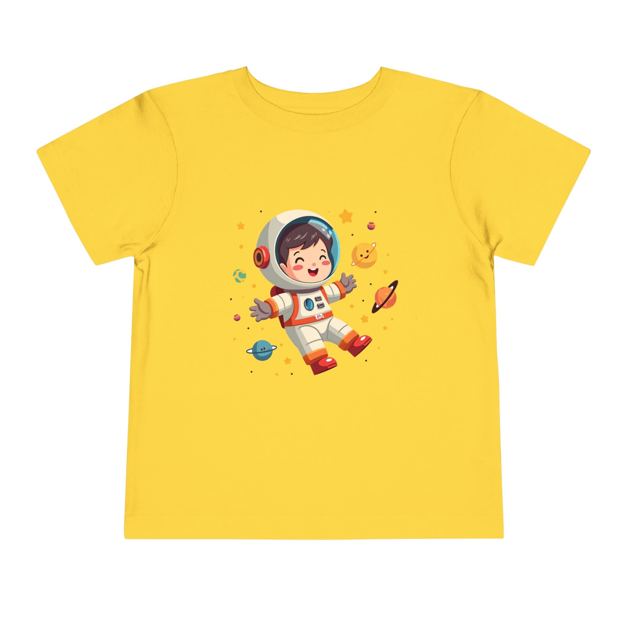 A cute kawaii toddler astronaut floating happily in space among colorful smiling planets and stars, vibrant illustration for kids apparel.