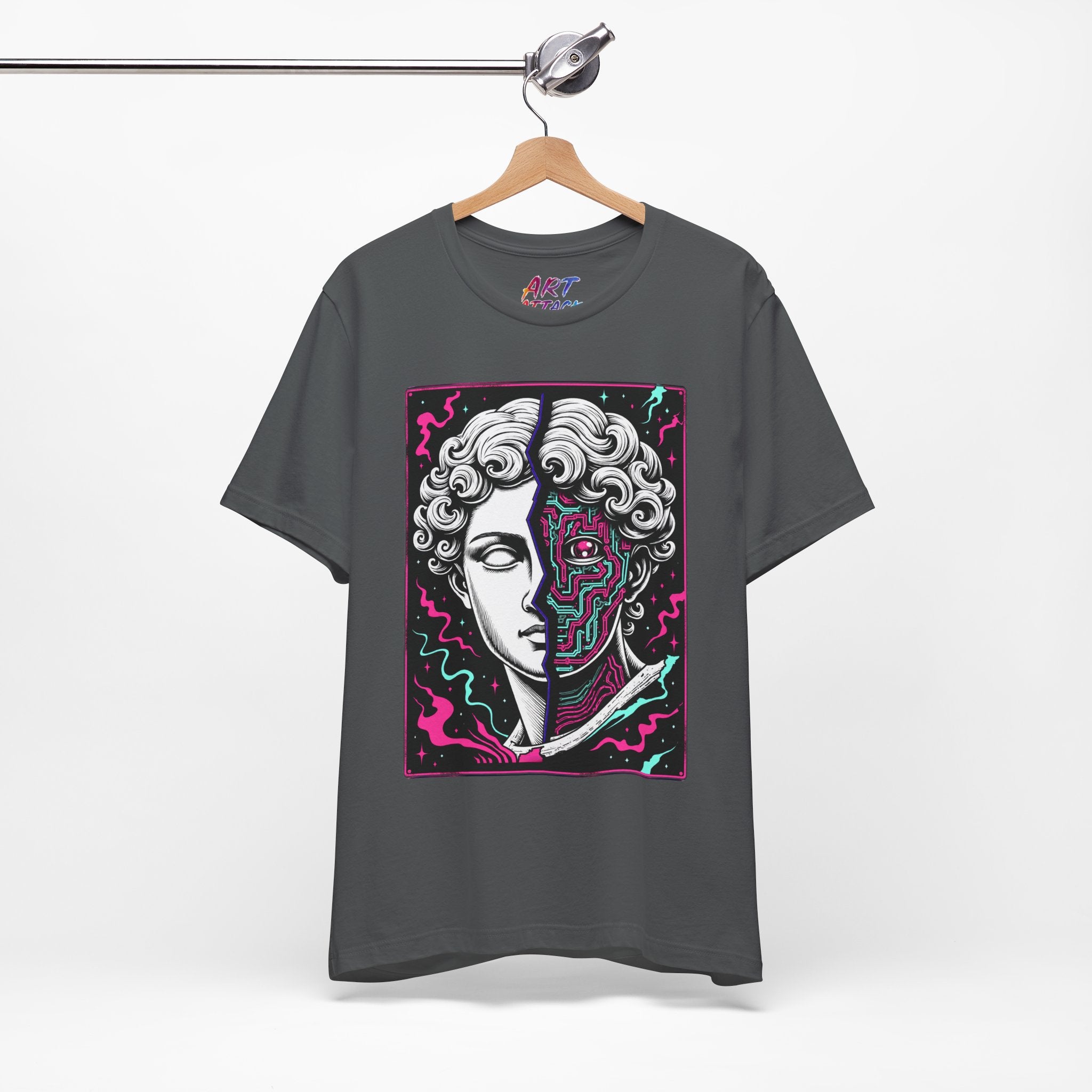 Split portrait design of a white Greek marble statue and a neon pink and cyan cybernetic circuit board with a glowing eye.