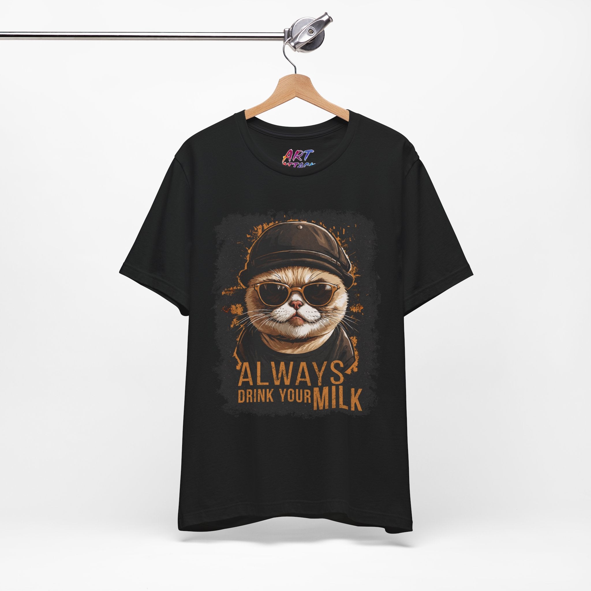Black t-shirt with a cat graphic and text on a hanger against a white background