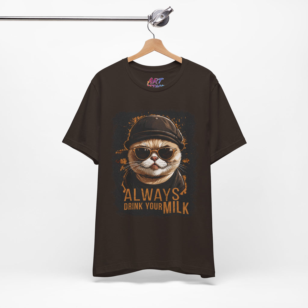 brown t-shirt with a cat graphic and text on a hanger against a white background