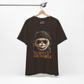 brown t-shirt with a cat graphic and text on a hanger against a white background