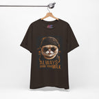 brown t-shirt with a cat graphic and text on a hanger against a white background