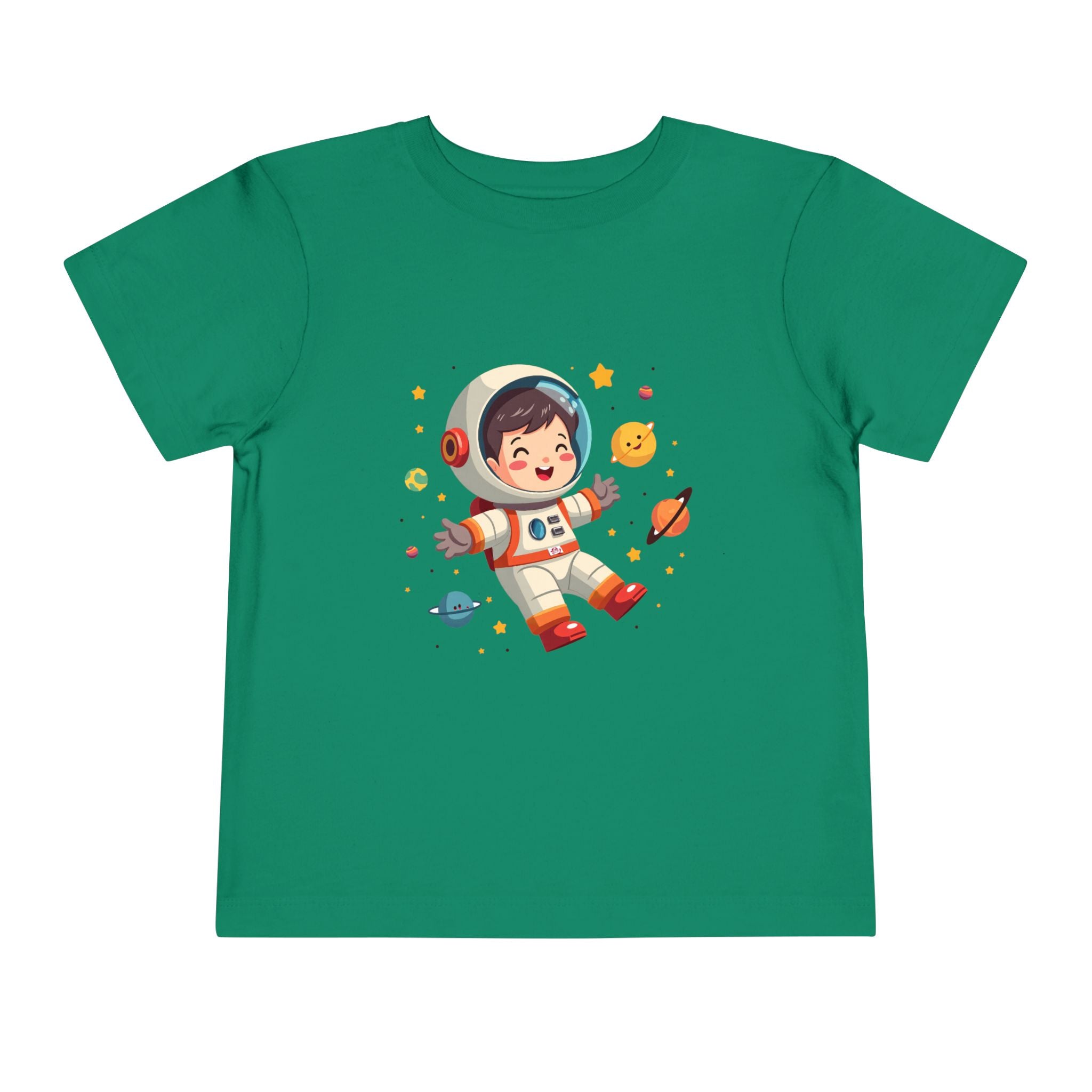 A cute kawaii toddler astronaut floating happily in space among colorful smiling planets and stars, vibrant illustration for kids apparel.