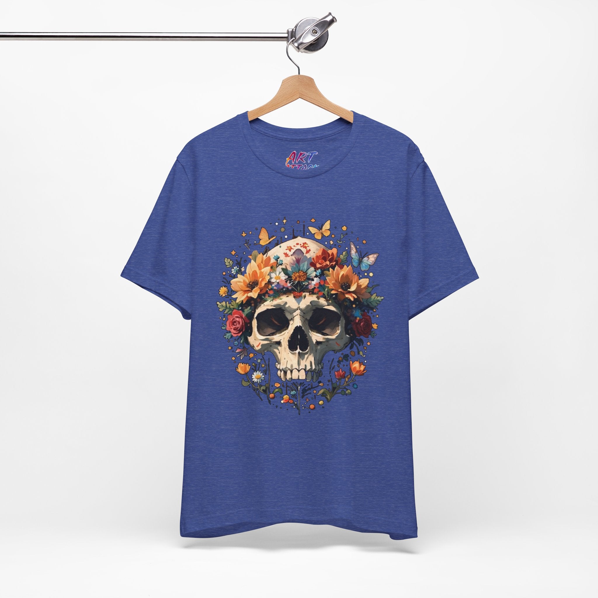 Detailed illustration of a human skull with a crown of vibrant sunflowers, roses, and butterflies on a dark background.