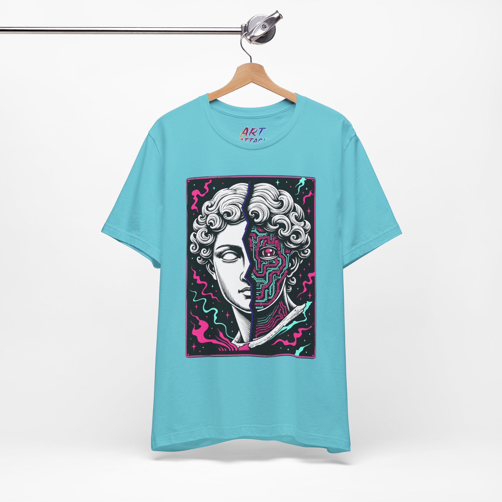 Split portrait design of a white Greek marble statue and a neon pink and cyan cybernetic circuit board with a glowing eye.
