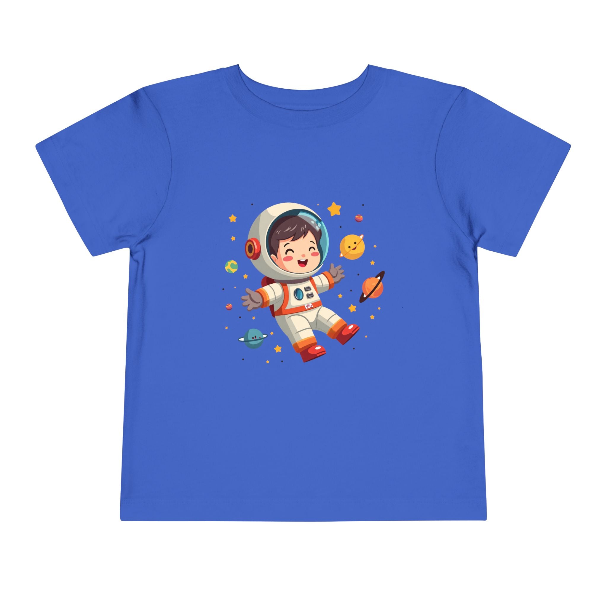 A cute kawaii toddler astronaut floating happily in space among colorful smiling planets and stars, vibrant illustration for kids apparel.