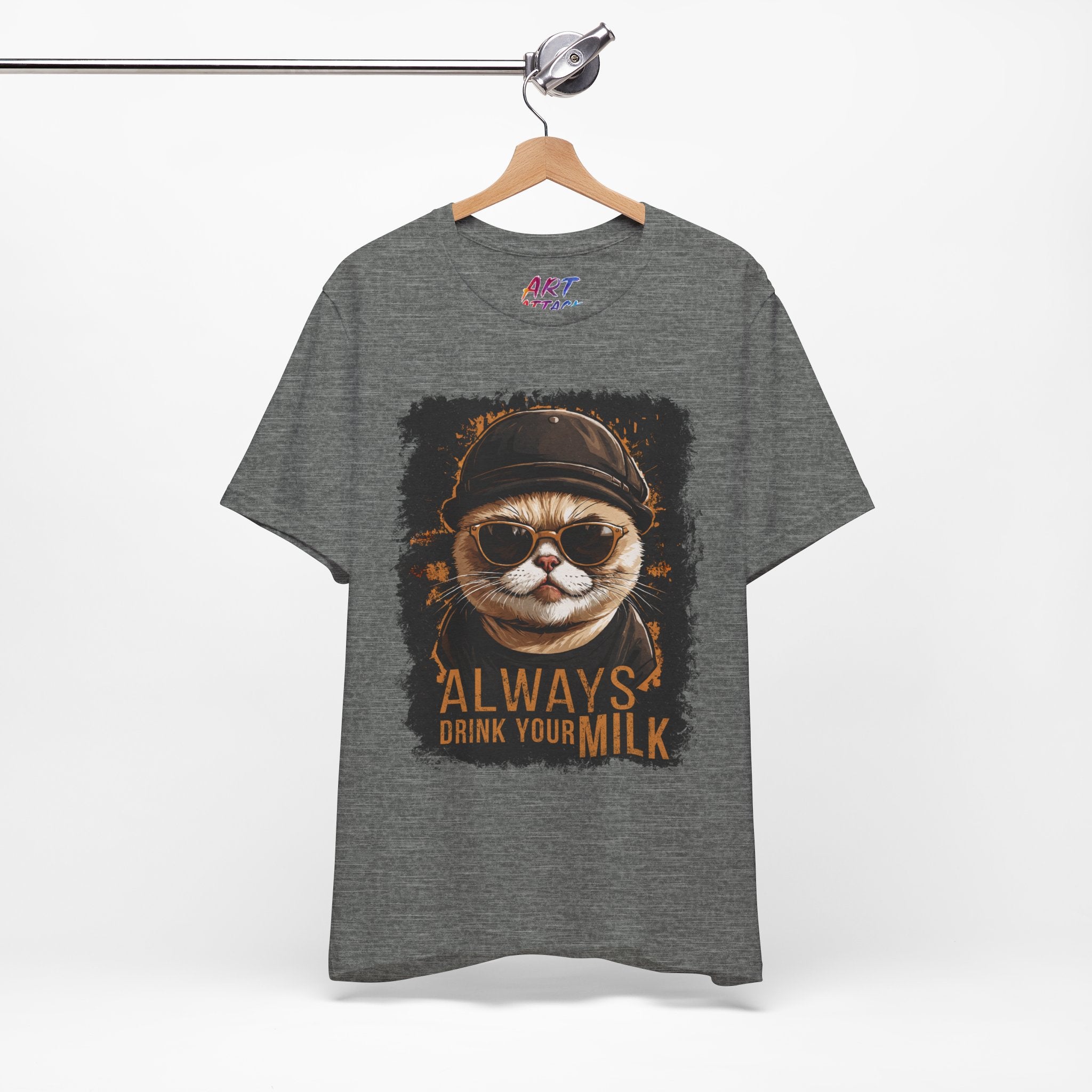 Gray t-shirt with a graphic of a cat wearing sunglasses and a hat, with text 'Always Drink Your Milk', on a hanger against a white background.