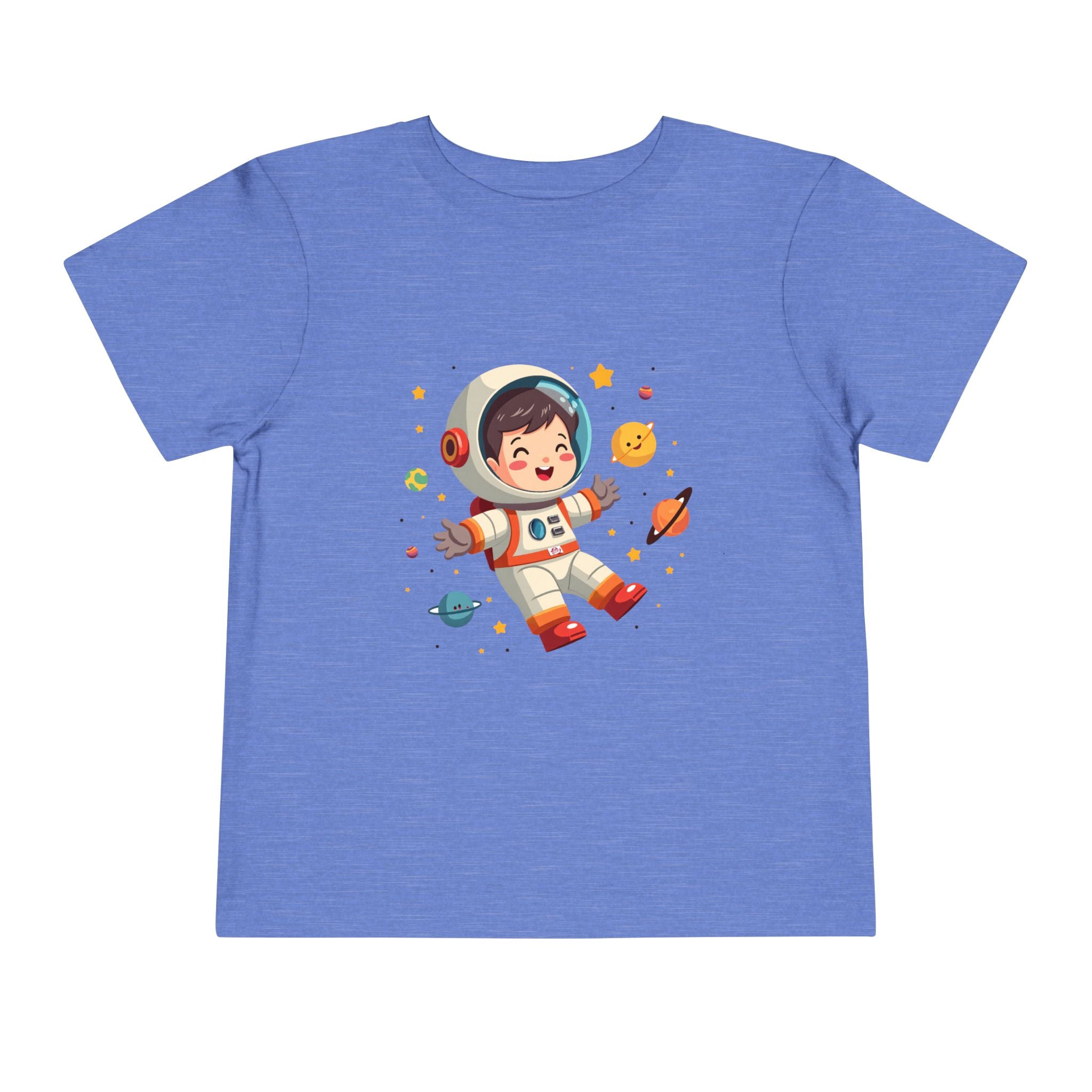 A cute kawaii toddler astronaut floating happily in space among colorful smiling planets and stars, vibrant illustration for kids apparel.