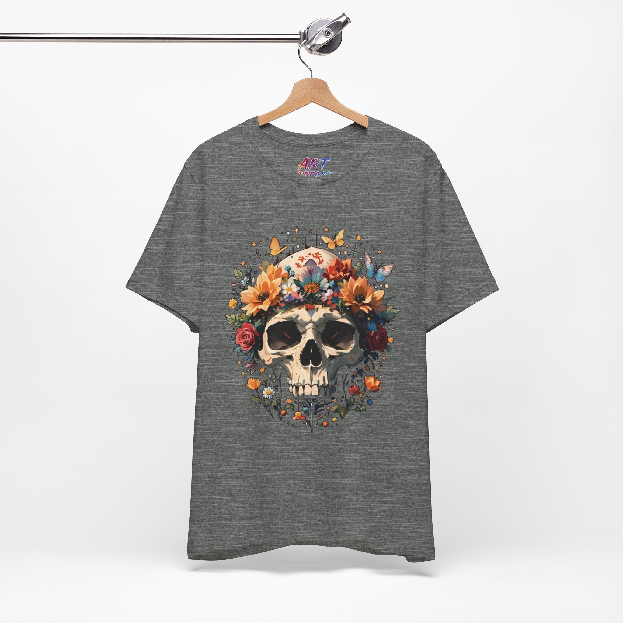 Detailed illustration of a human skull with a crown of vibrant sunflowers, roses, and butterflies on a dark background.