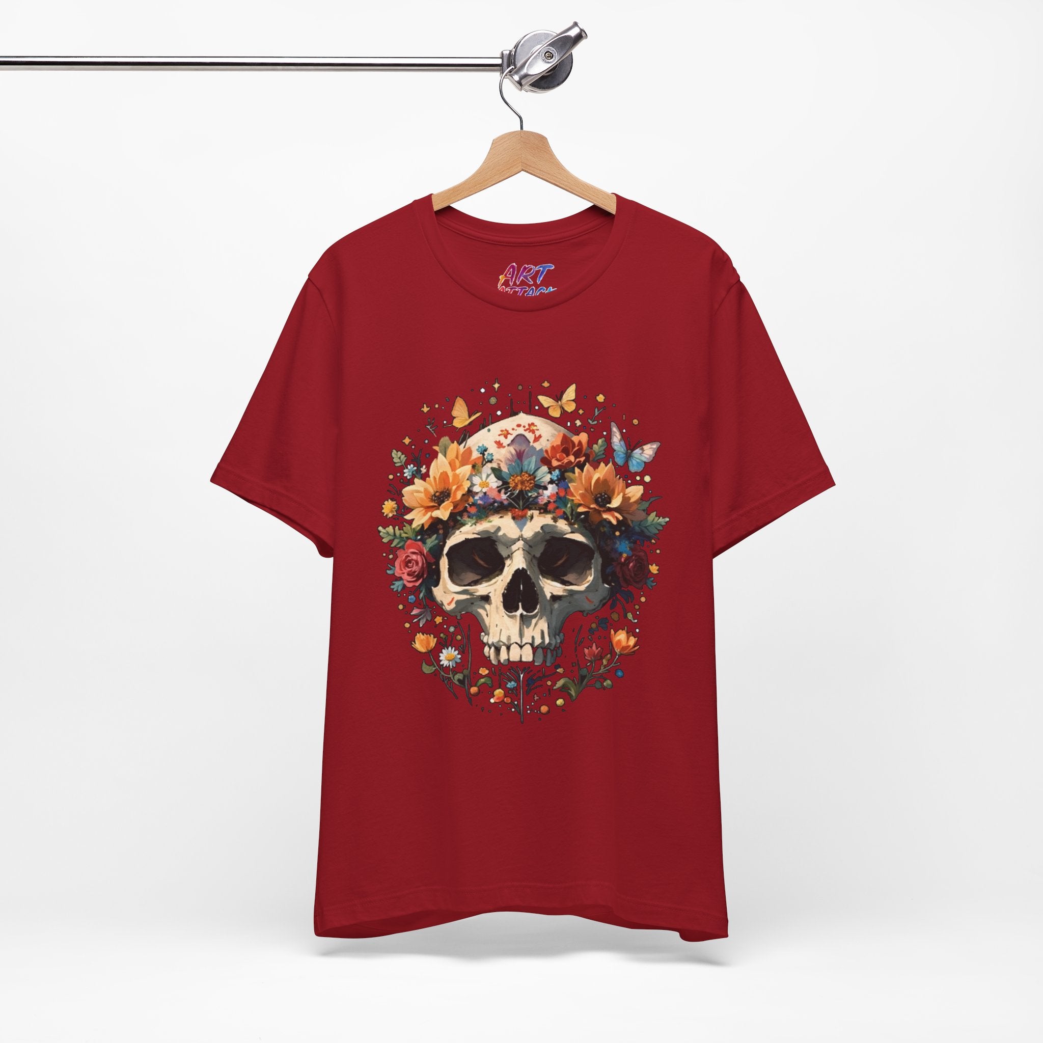 Detailed illustration of a human skull with a crown of vibrant sunflowers, roses, and butterflies on a dark background.