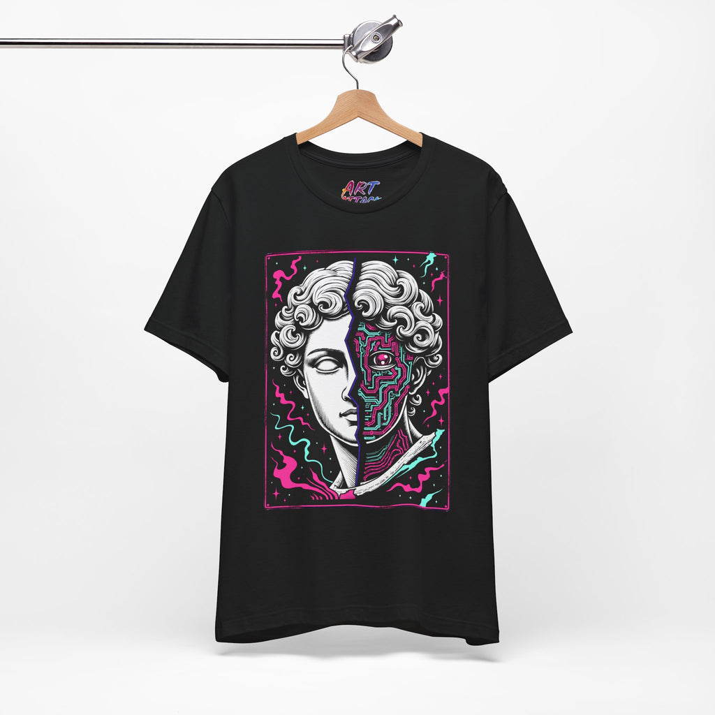 Split portrait design of a white Greek marble statue and a neon pink and cyan cybernetic circuit board with a glowing eye.