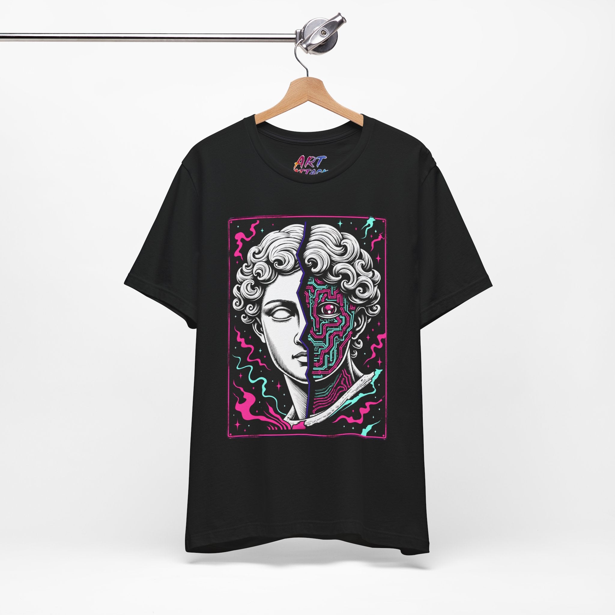 Split portrait design of a white Greek marble statue and a neon pink and cyan cybernetic circuit board with a glowing eye.
