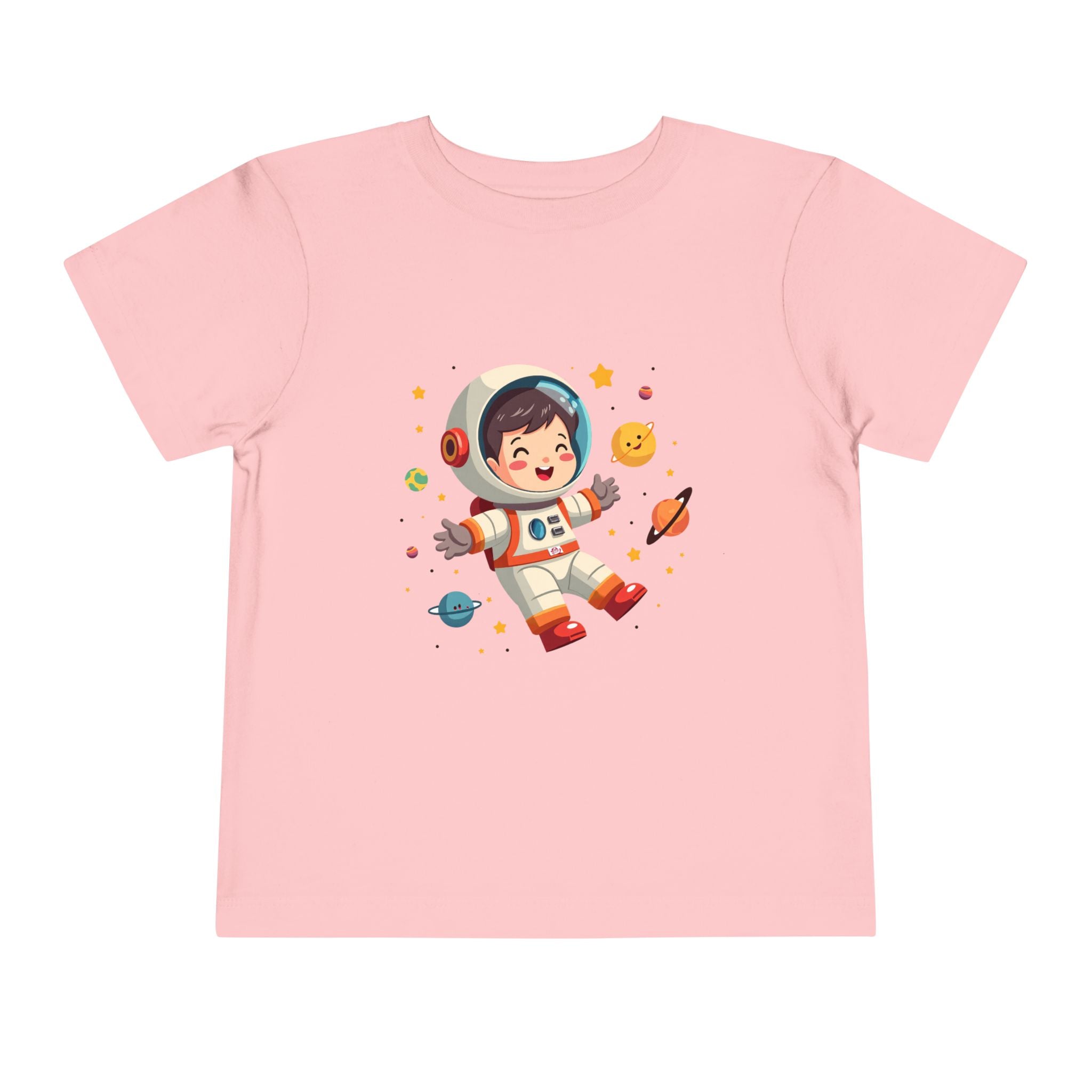 A cute kawaii toddler astronaut floating happily in space among colorful smiling planets and stars, vibrant illustration for kids apparel.