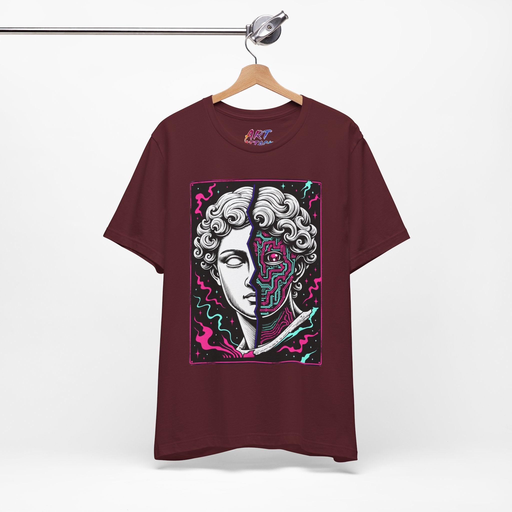Split portrait design of a white Greek marble statue and a neon pink and cyan cybernetic circuit board with a glowing eye.