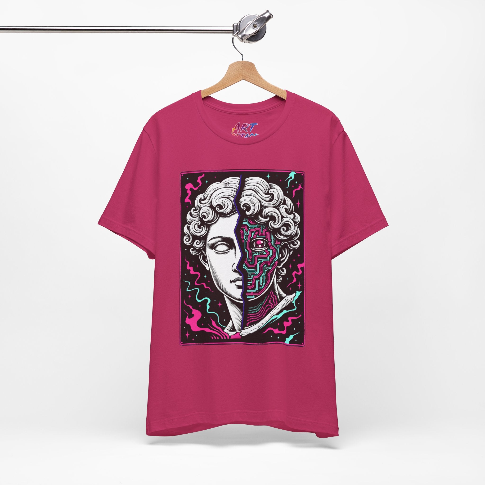 Split portrait design of a white Greek marble statue and a neon pink and cyan cybernetic circuit board with a glowing eye.