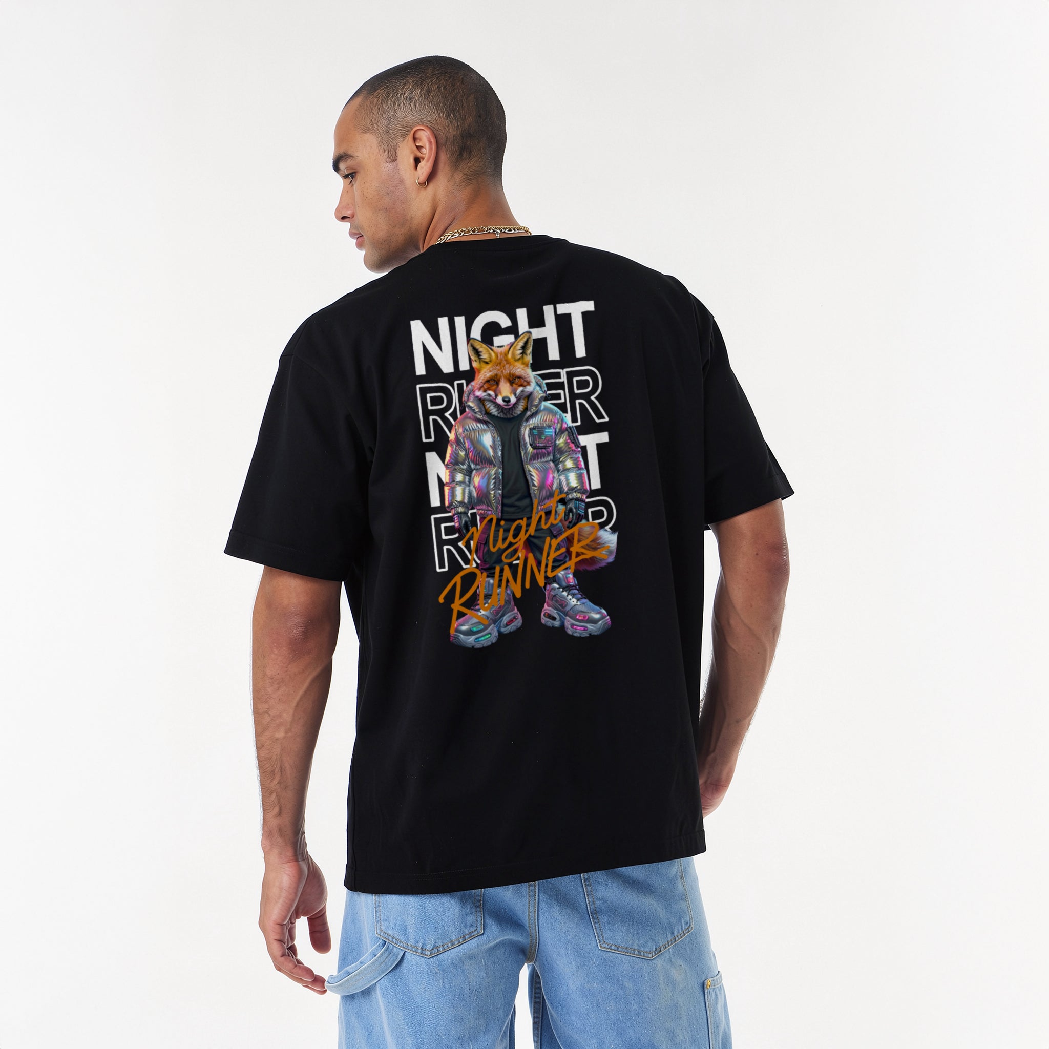 Oversized graphic streetwear t-shirt featuring a humanoid cyberpunk fox wearing an iridescent metallic puffer jacket and neon chunky sneakers, with the text Night Runner.
