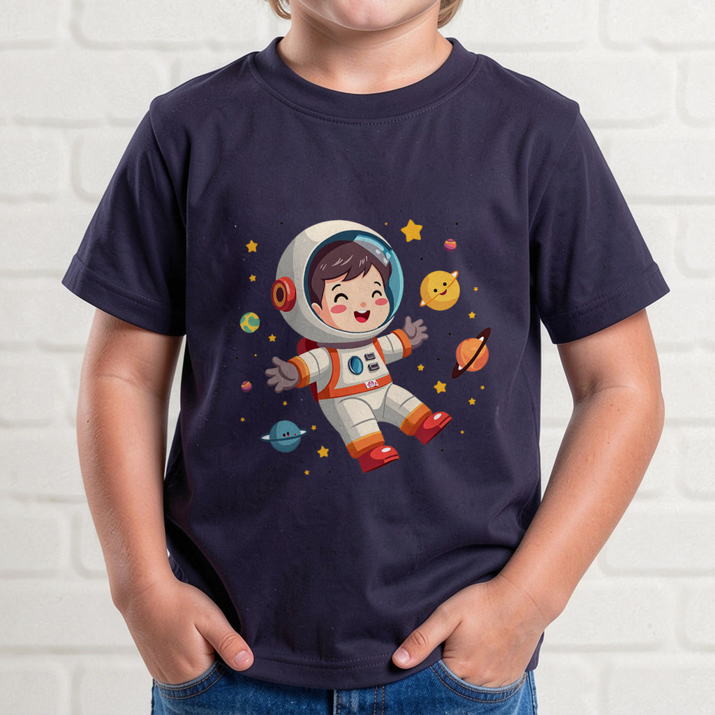 A cute kawaii toddler astronaut floating happily in space among colorful smiling planets and stars, vibrant illustration for kids apparel.