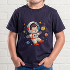 A cute kawaii toddler astronaut floating happily in space among colorful smiling planets and stars, vibrant illustration for kids apparel.