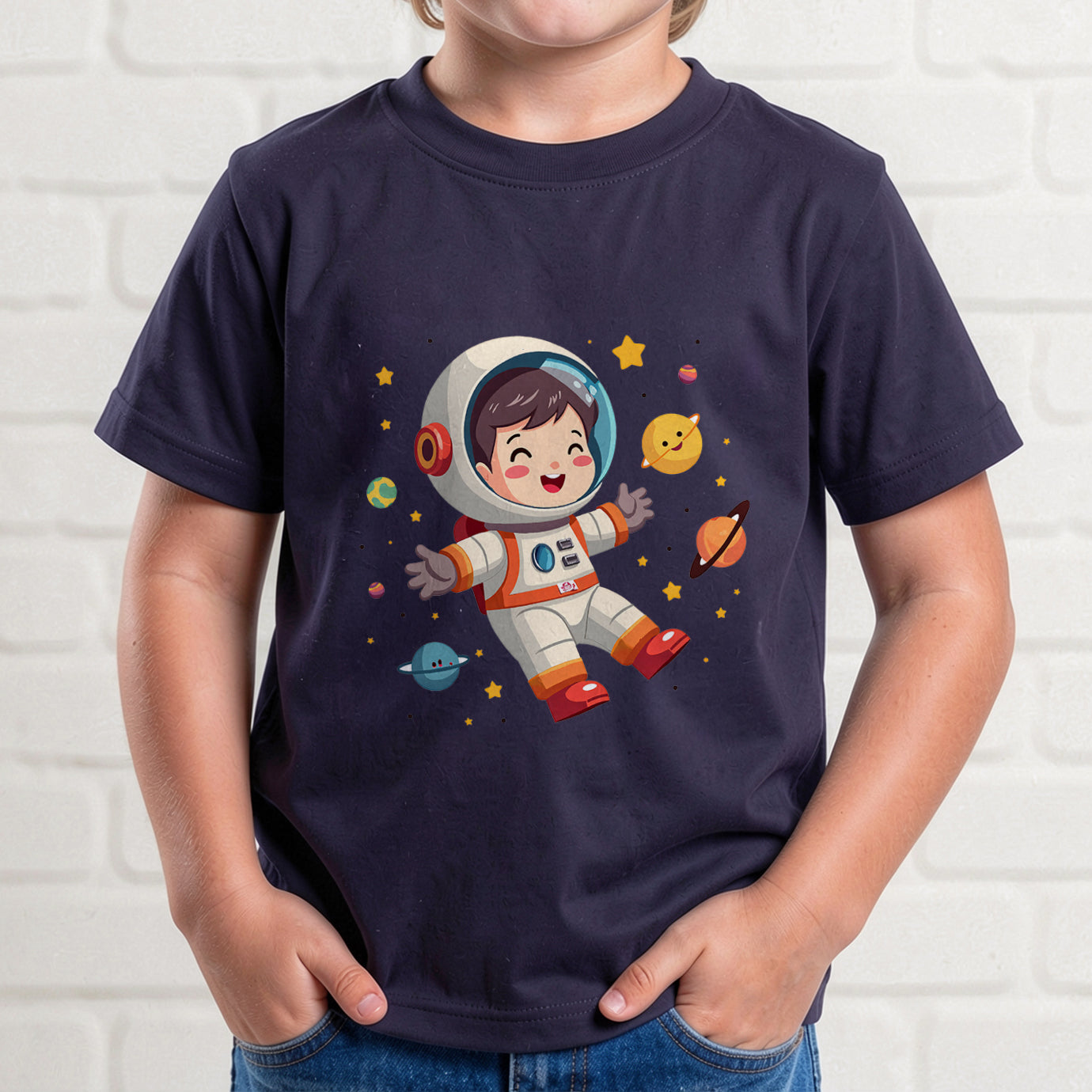 A cute kawaii toddler astronaut floating happily in space among colorful smiling planets and stars, vibrant illustration for kids apparel.
