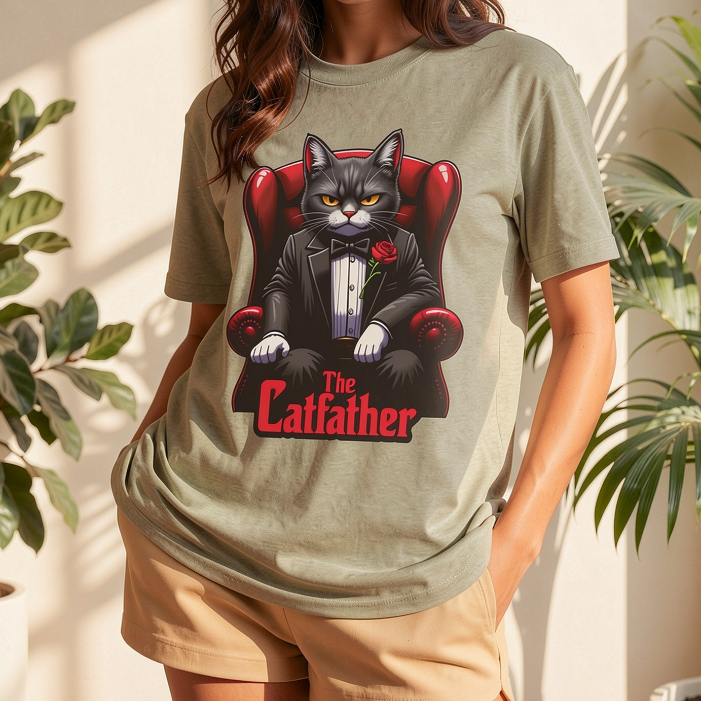 A serious grey cat dressed in a black tuxedo with a red rose on the lapel, sitting like a mafia boss in a red leather armchair with the text The Catfather below.