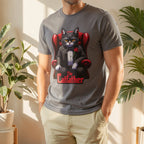 A serious grey cat dressed in a black tuxedo with a red rose on the lapel, sitting like a mafia boss in a red leather armchair with the text The Catfather below.