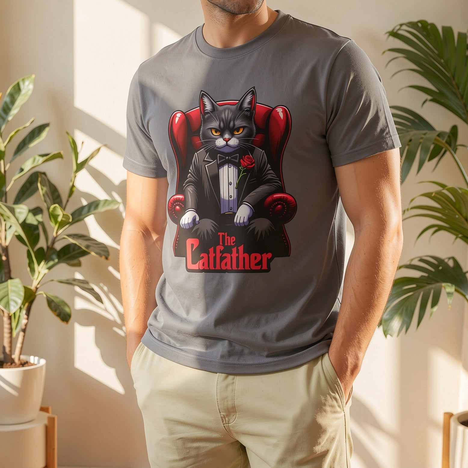 A serious grey cat dressed in a black tuxedo with a red rose on the lapel, sitting like a mafia boss in a red leather armchair with the text The Catfather below.